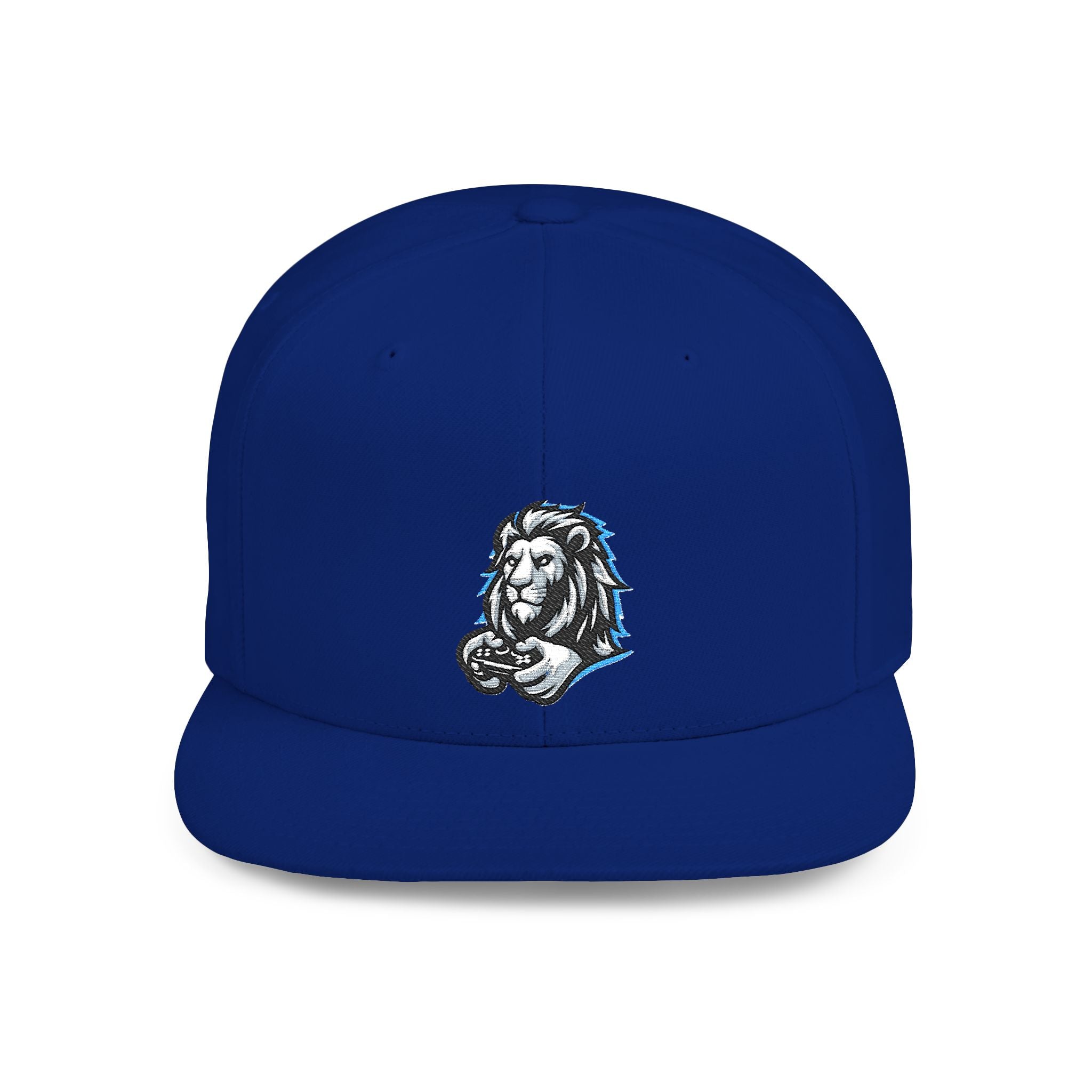 Gaming Lion Embroidered Snapback Hat — Flat Bill White Cap with Regal Lion Design