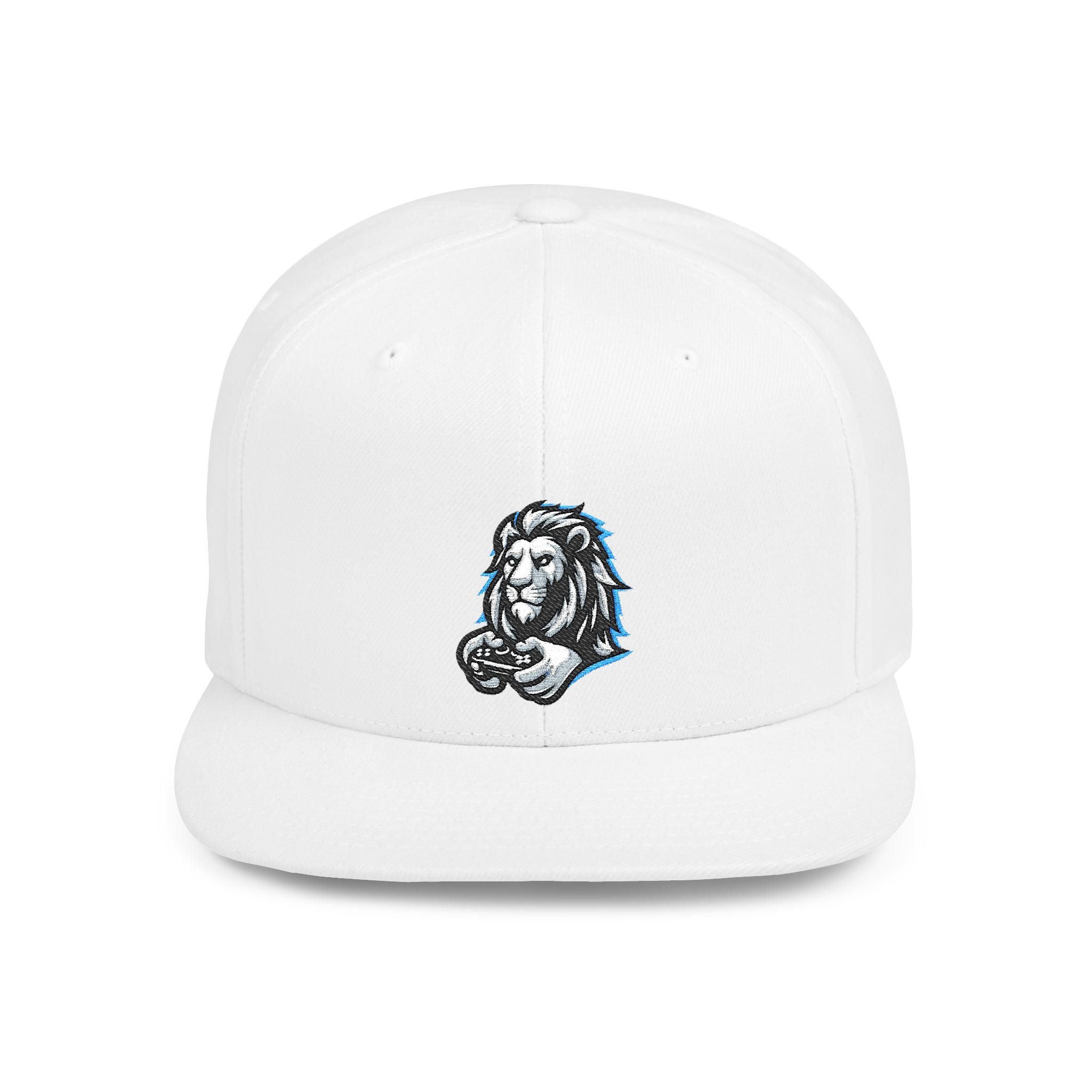 Gaming Lion Embroidered Snapback Hat — Flat Bill White Cap with Regal Lion Design