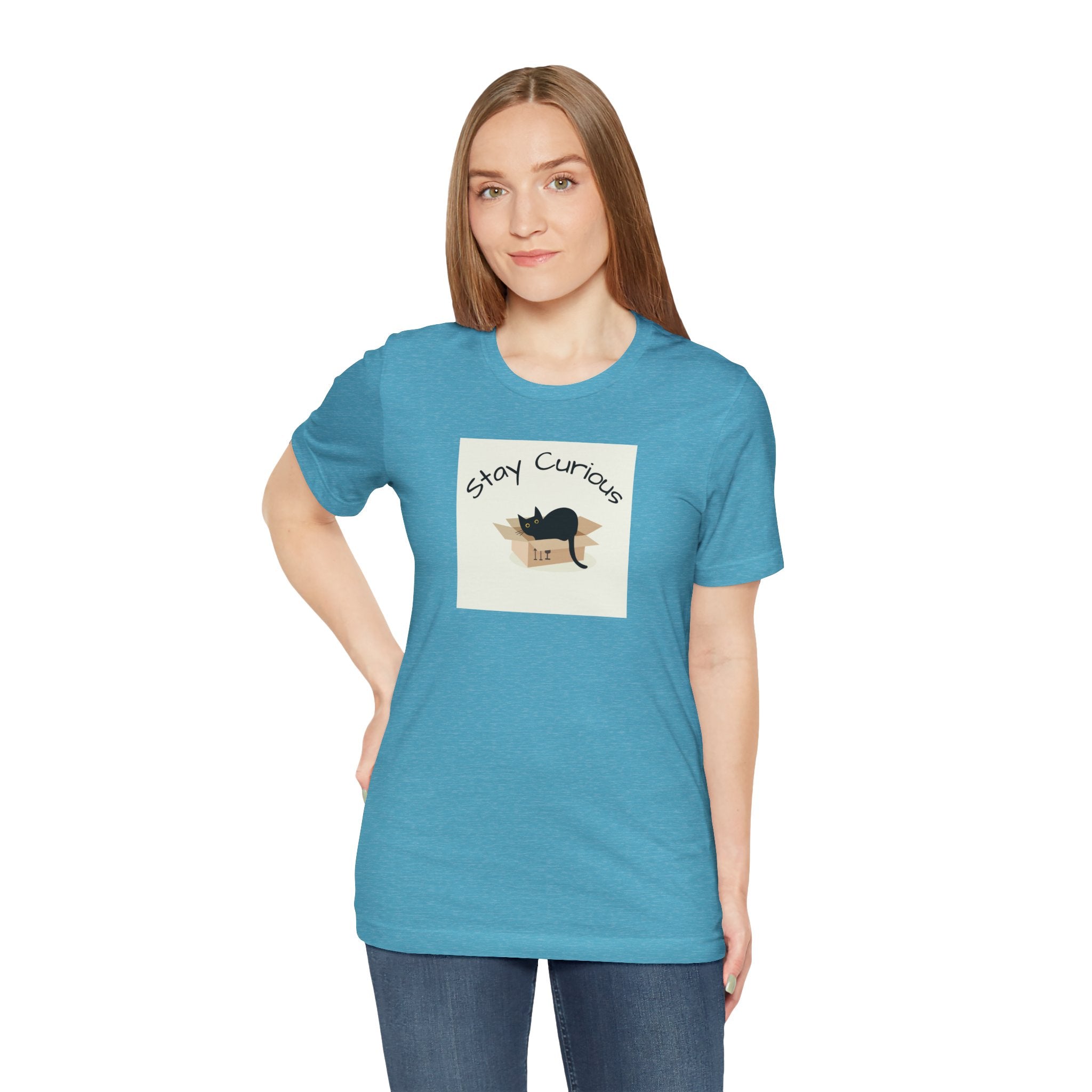 Stay Curious Cat T-Shirt — Cute Black Cat in Box Graphic Tee