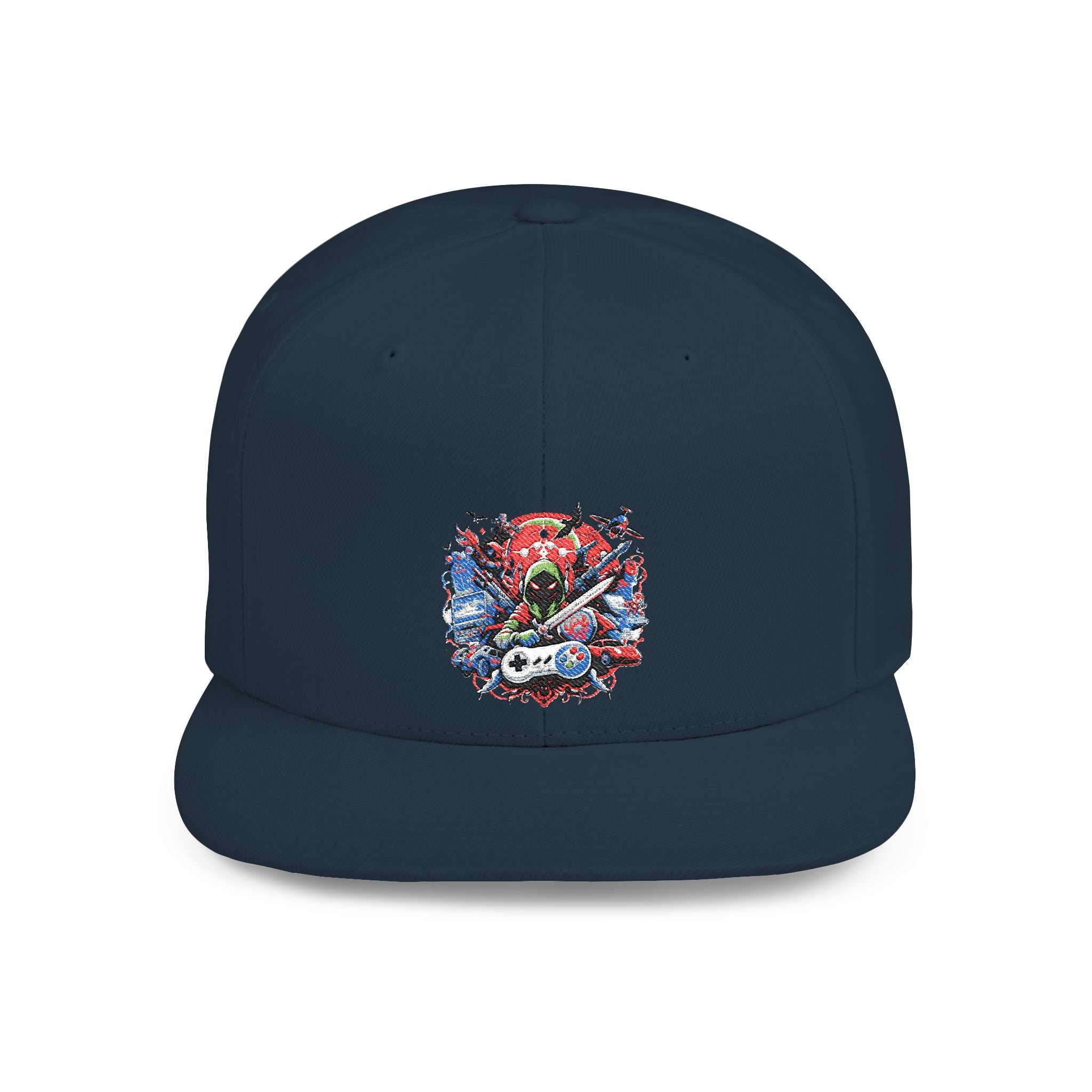 Gamer Flat Bill Snapback Hat — Watercolor Skull Design