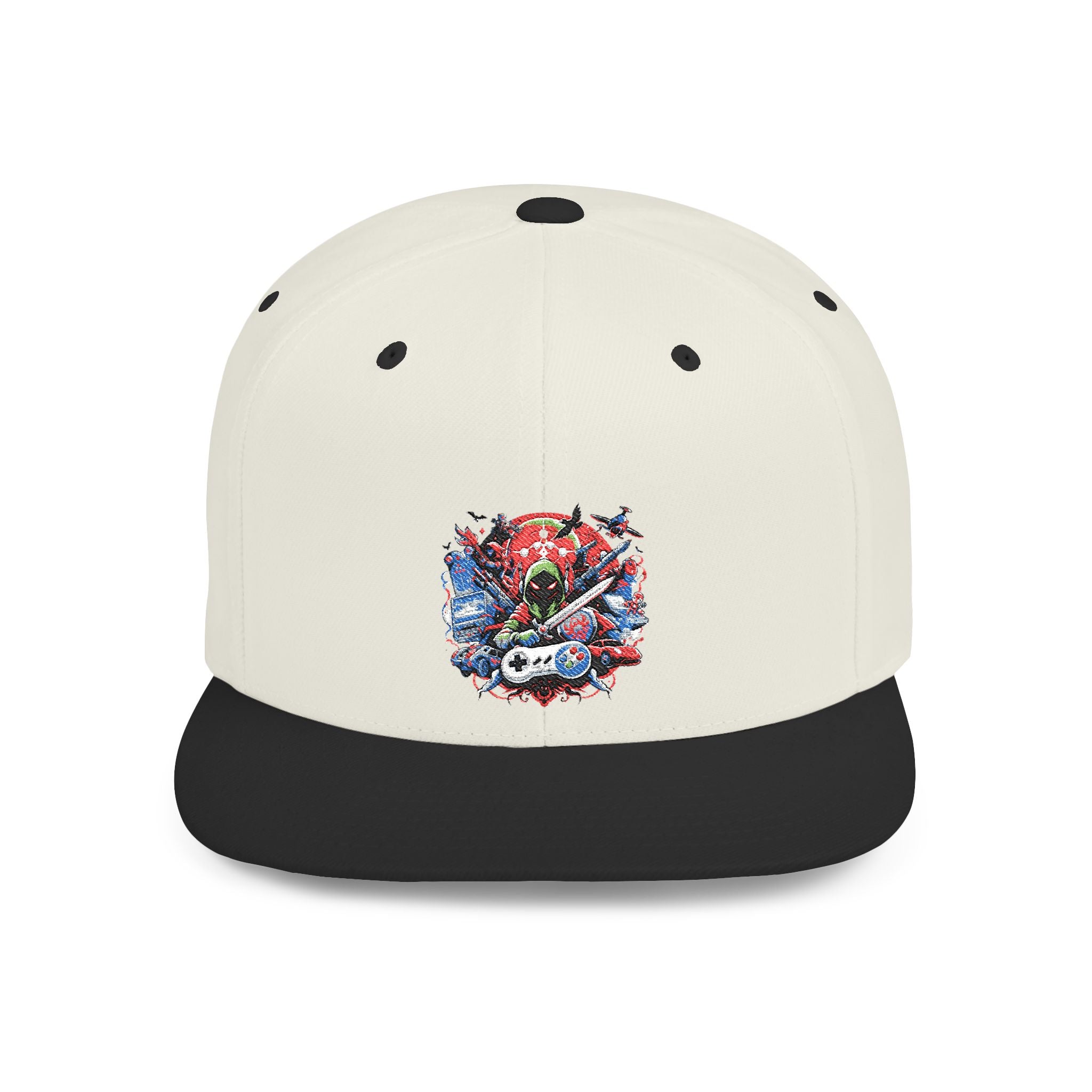 Gamer Flat Bill Snapback Hat — Watercolor Skull Design