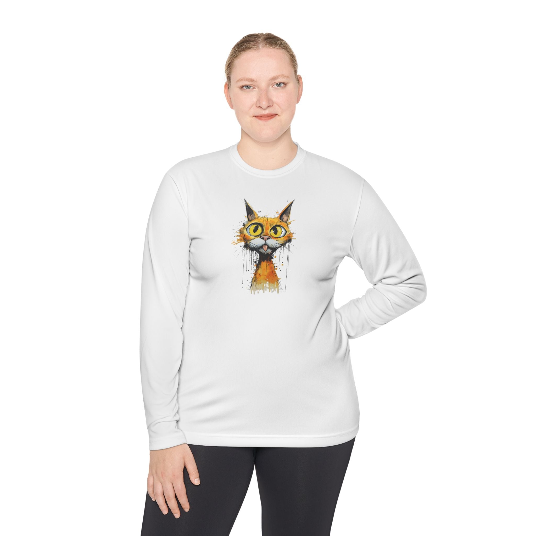 Whimsical Watercolor Cat Long Sleeve Tee — Cute Orange Kitty Art Shirt