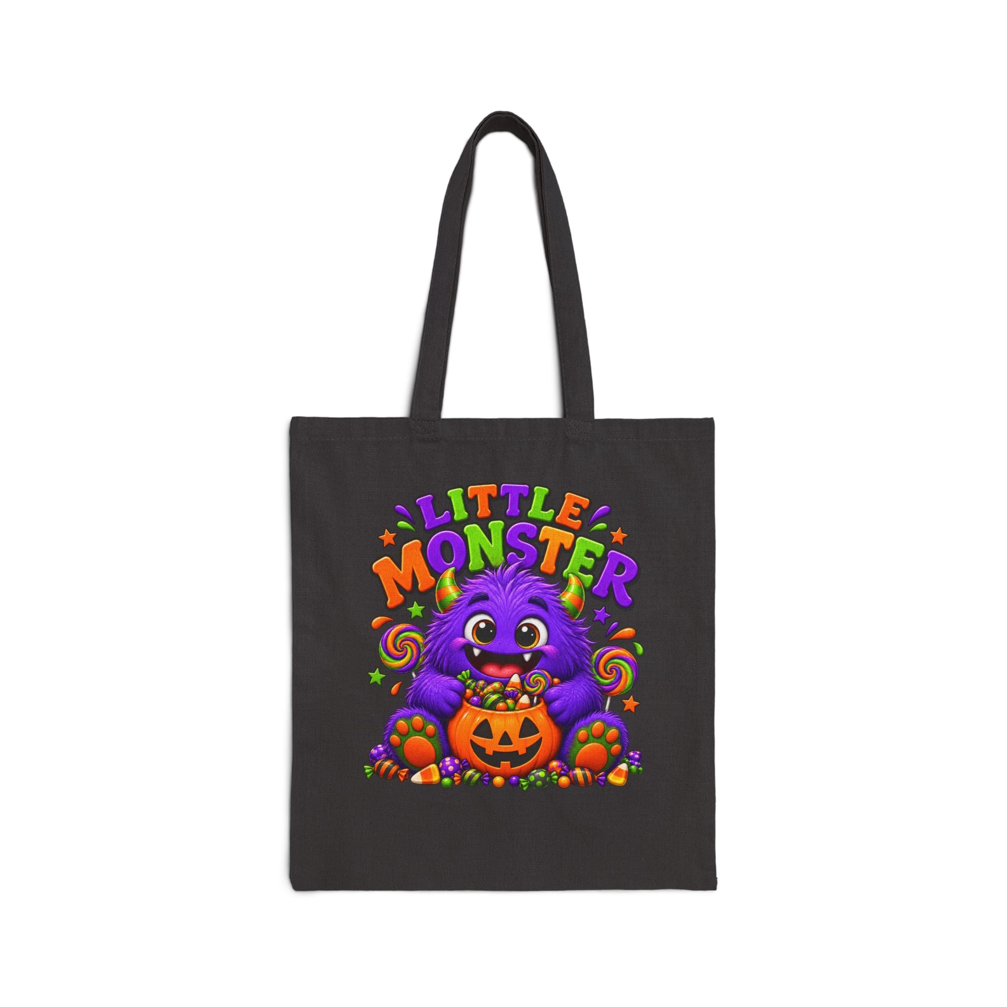 Little Monster Halloween Tote Bag — Cute Purple Monster with Pumpkin Candy Bag