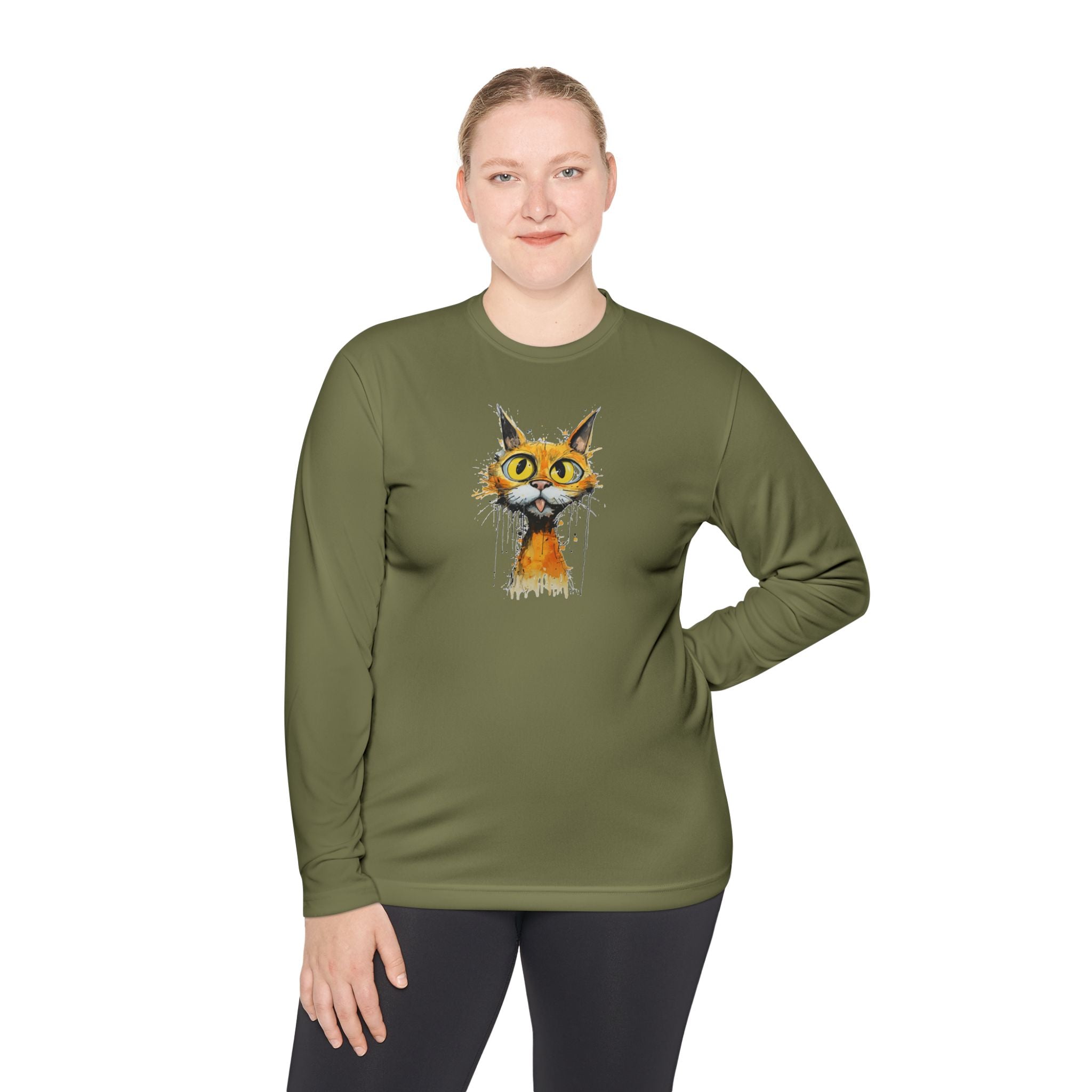 Whimsical Watercolor Cat Long Sleeve Tee — Cute Orange Kitty Art Shirt