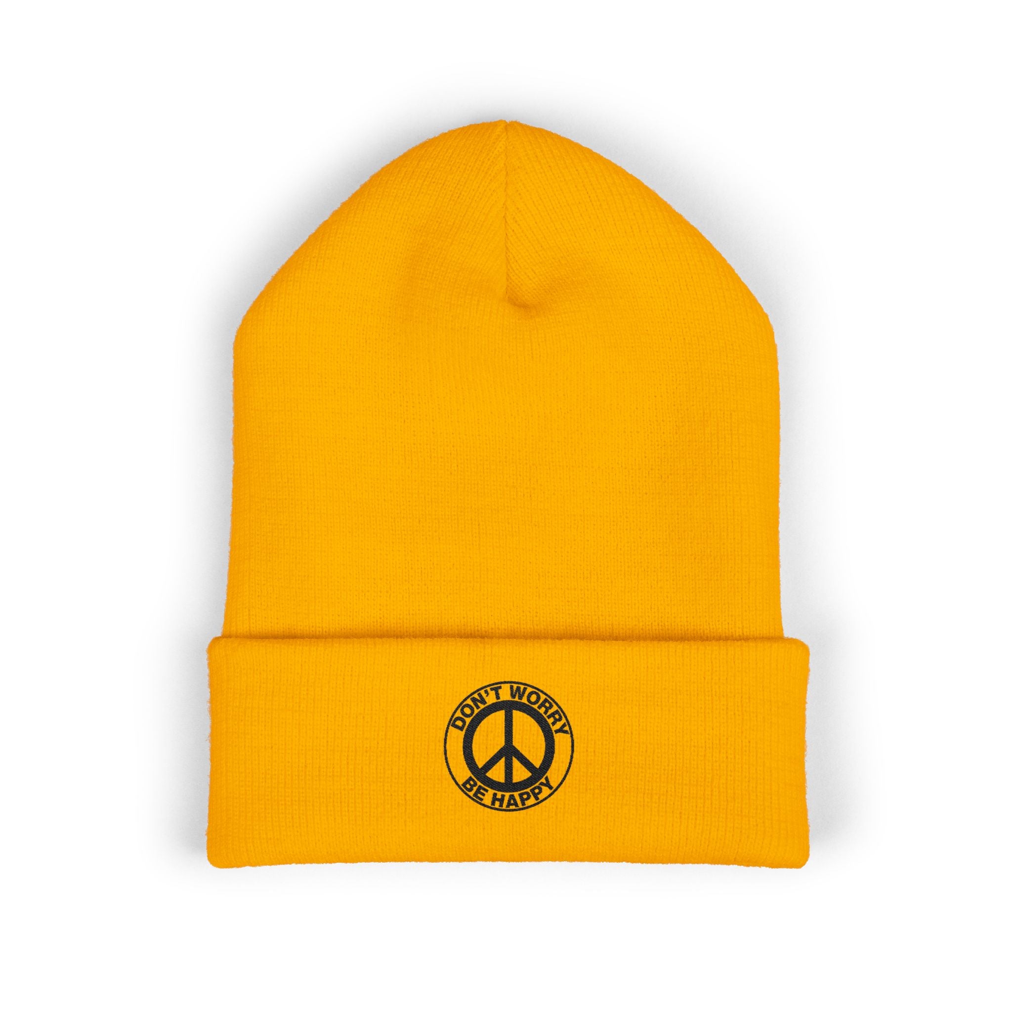 Peace Sign Cuffed Beanie — "Don't Worry Be Happy" Embroidered Knit Hat