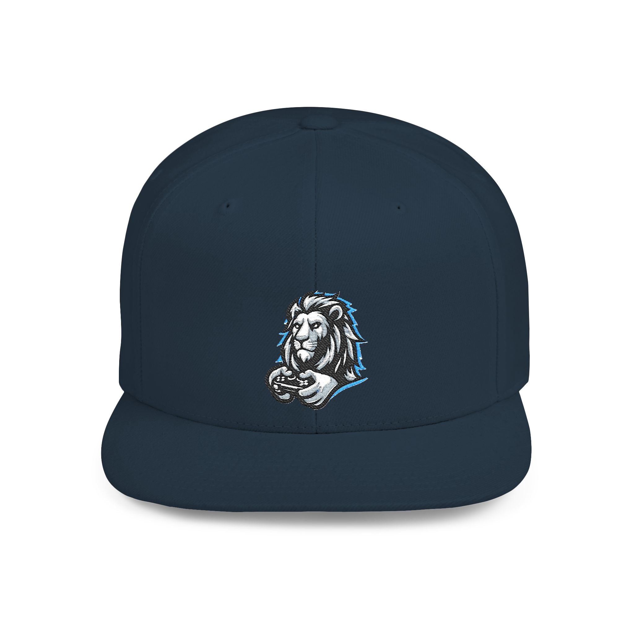 Gaming Lion Embroidered Snapback Hat — Flat Bill White Cap with Regal Lion Design