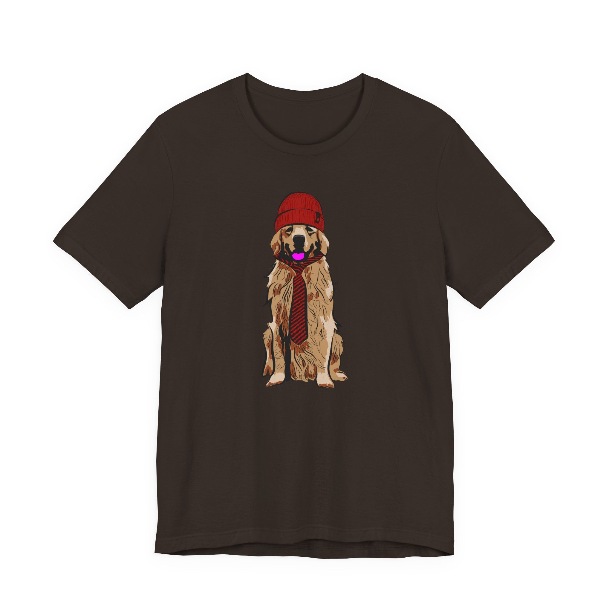 Golden Retriever Graphic Tee — Dog Wearing Beanie & Tie