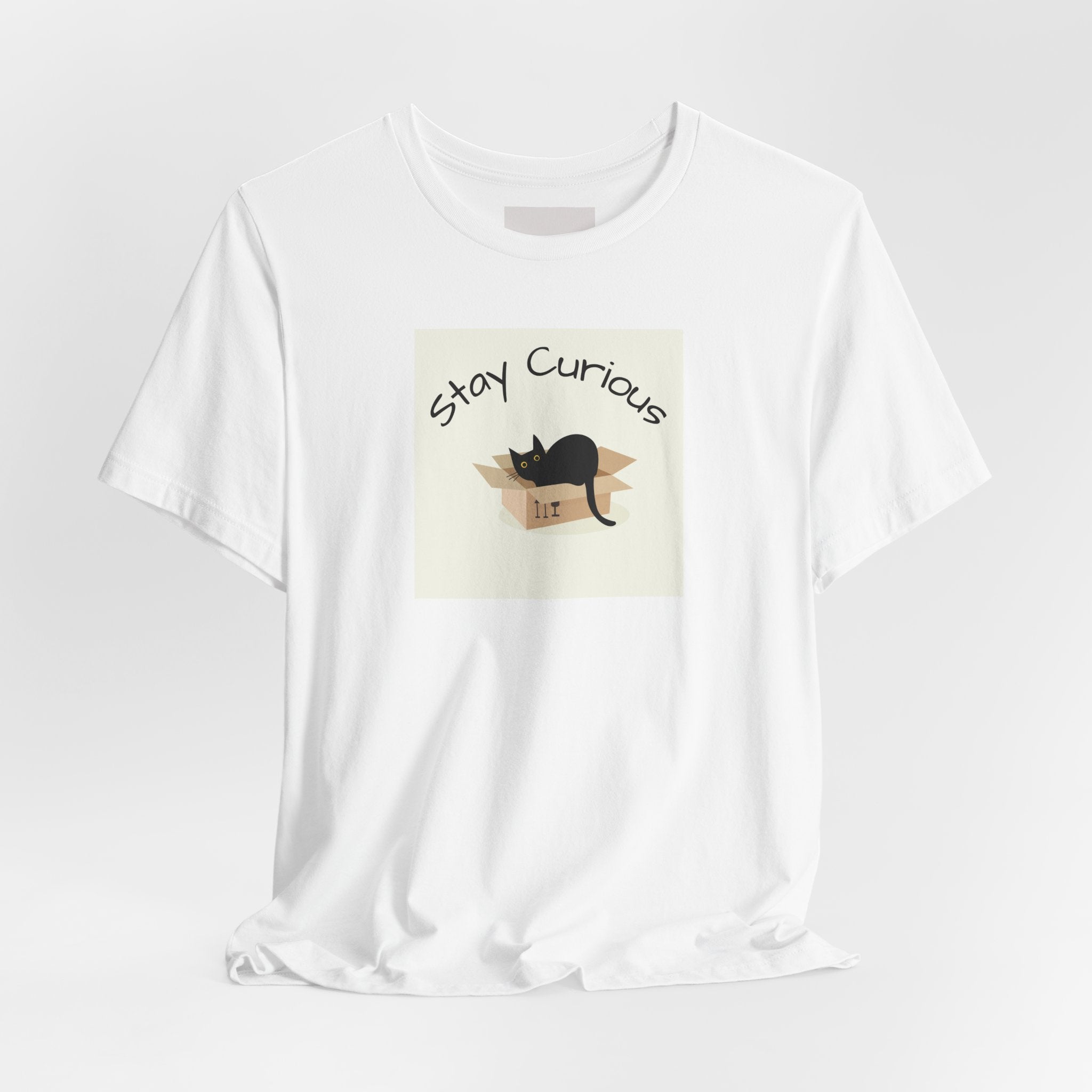 Stay Curious Cat T-Shirt — Cute Black Cat in Box Graphic Tee
