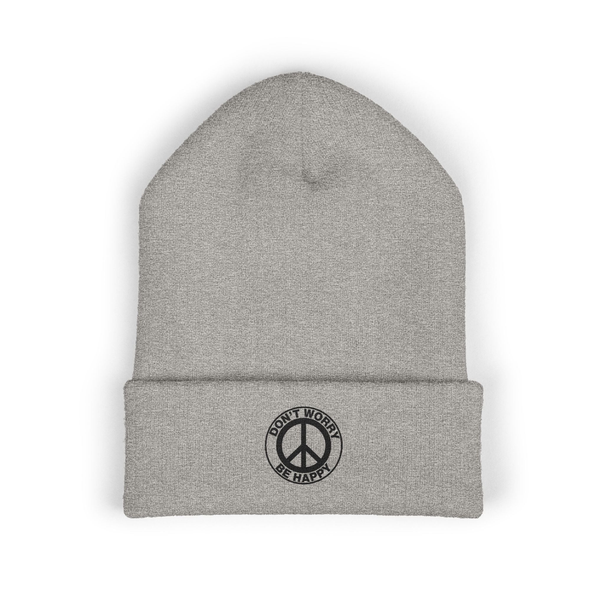 Peace Sign Cuffed Beanie — "Don't Worry Be Happy" Embroidered Knit Hat