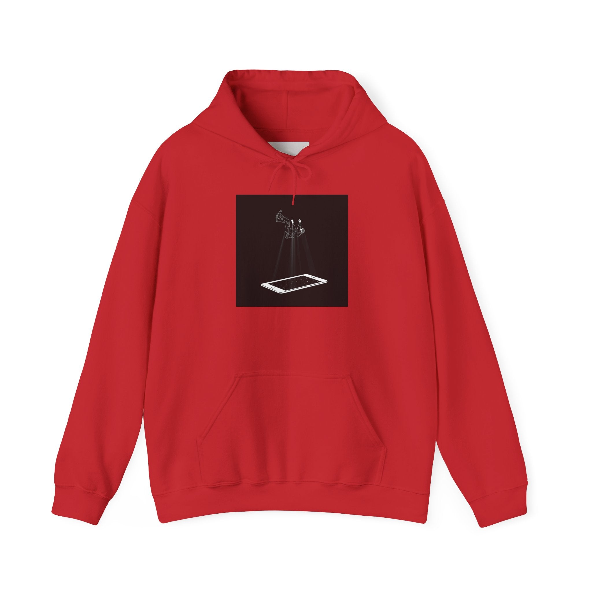 Minimalist Floating Phone Hoodie — Moody Black & White Tech Art Sweatshirt
