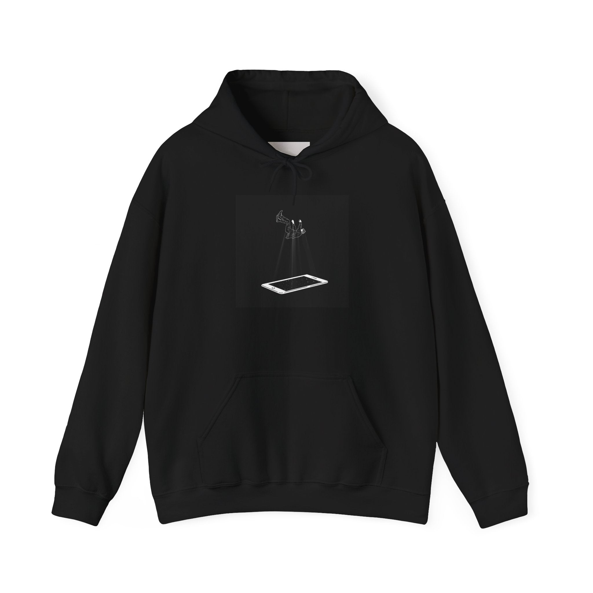 Minimalist Floating Phone Hoodie — Moody Black & White Tech Art Sweatshirt