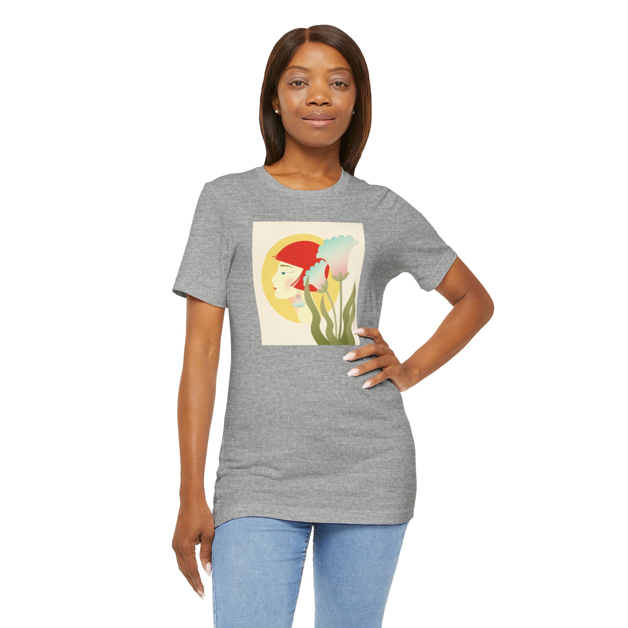 Floral Maiden Graphic Tee — Retro Woman & Tulips Art Shirt