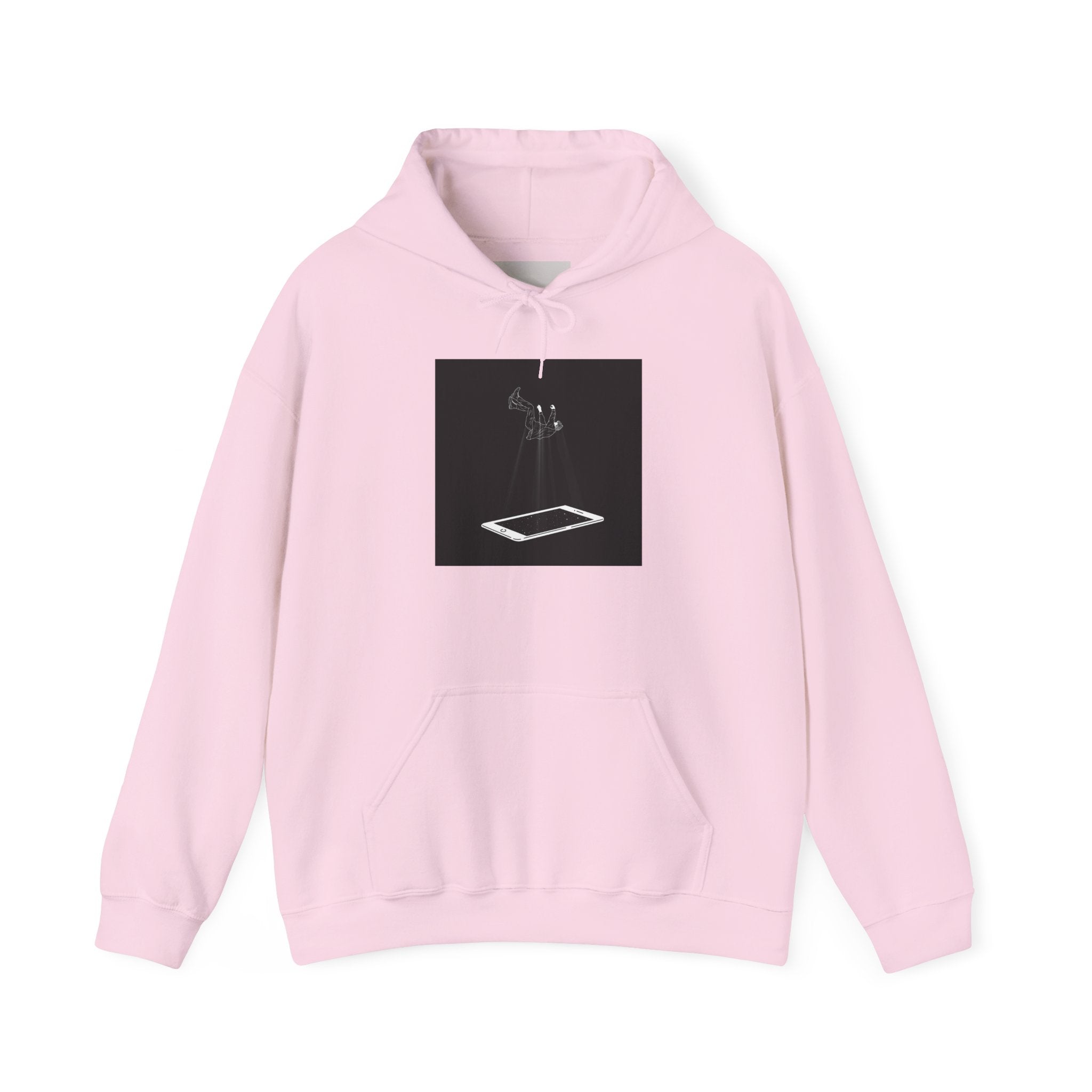 Minimalist Floating Phone Hoodie — Moody Black & White Tech Art Sweatshirt