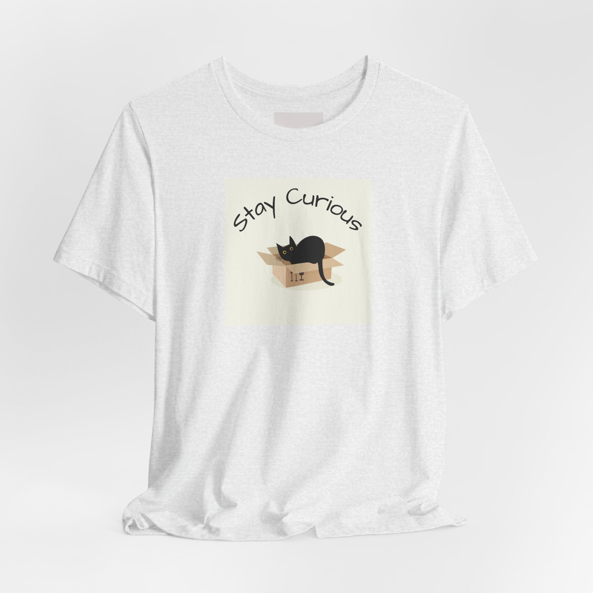 Stay Curious Cat T-Shirt — Cute Black Cat in Box Graphic Tee