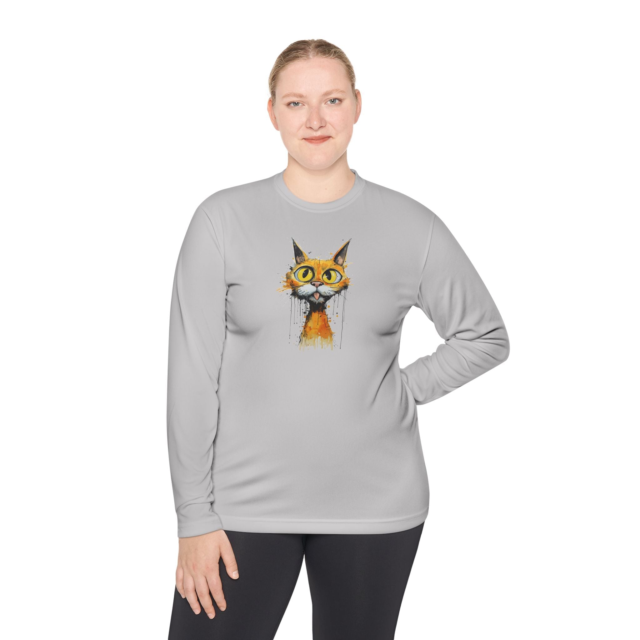 Whimsical Watercolor Cat Long Sleeve Tee — Cute Orange Kitty Art Shirt