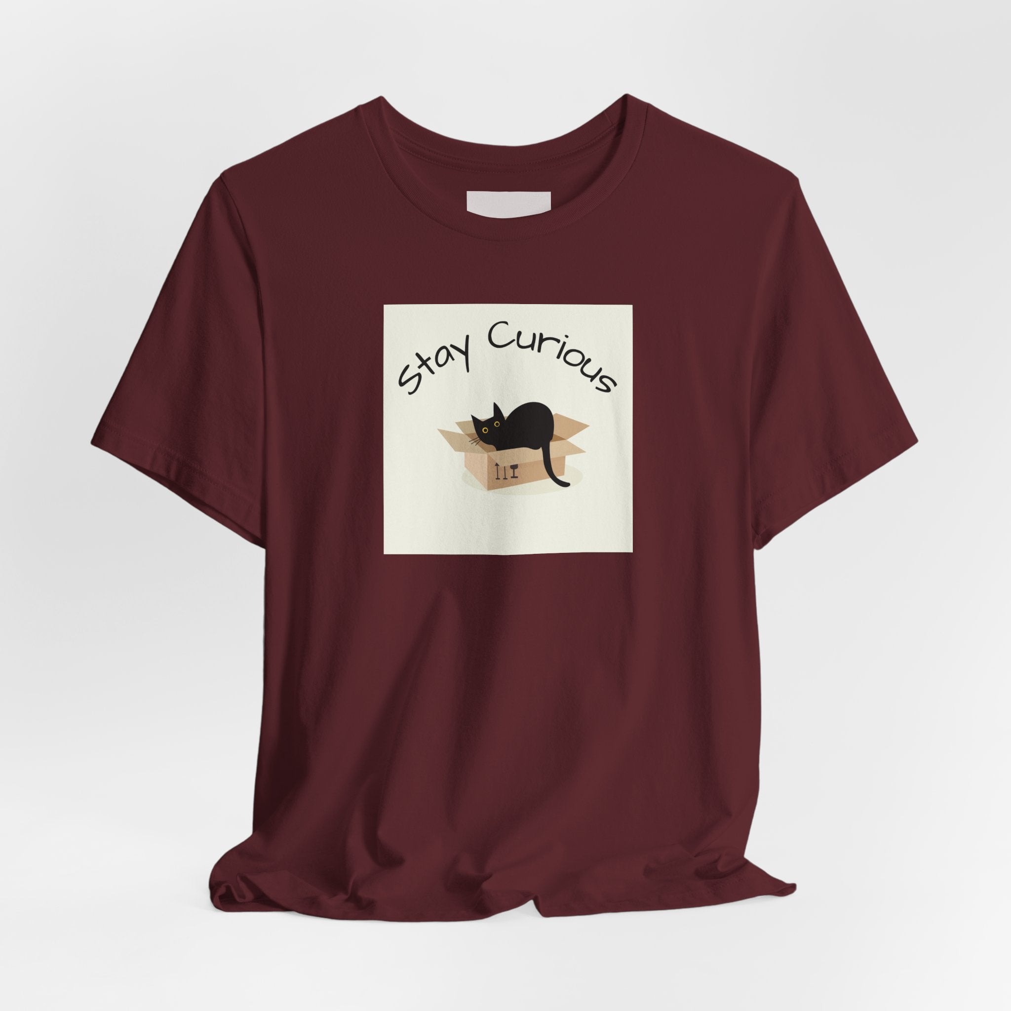 Stay Curious Cat T-Shirt — Cute Black Cat in Box Graphic Tee