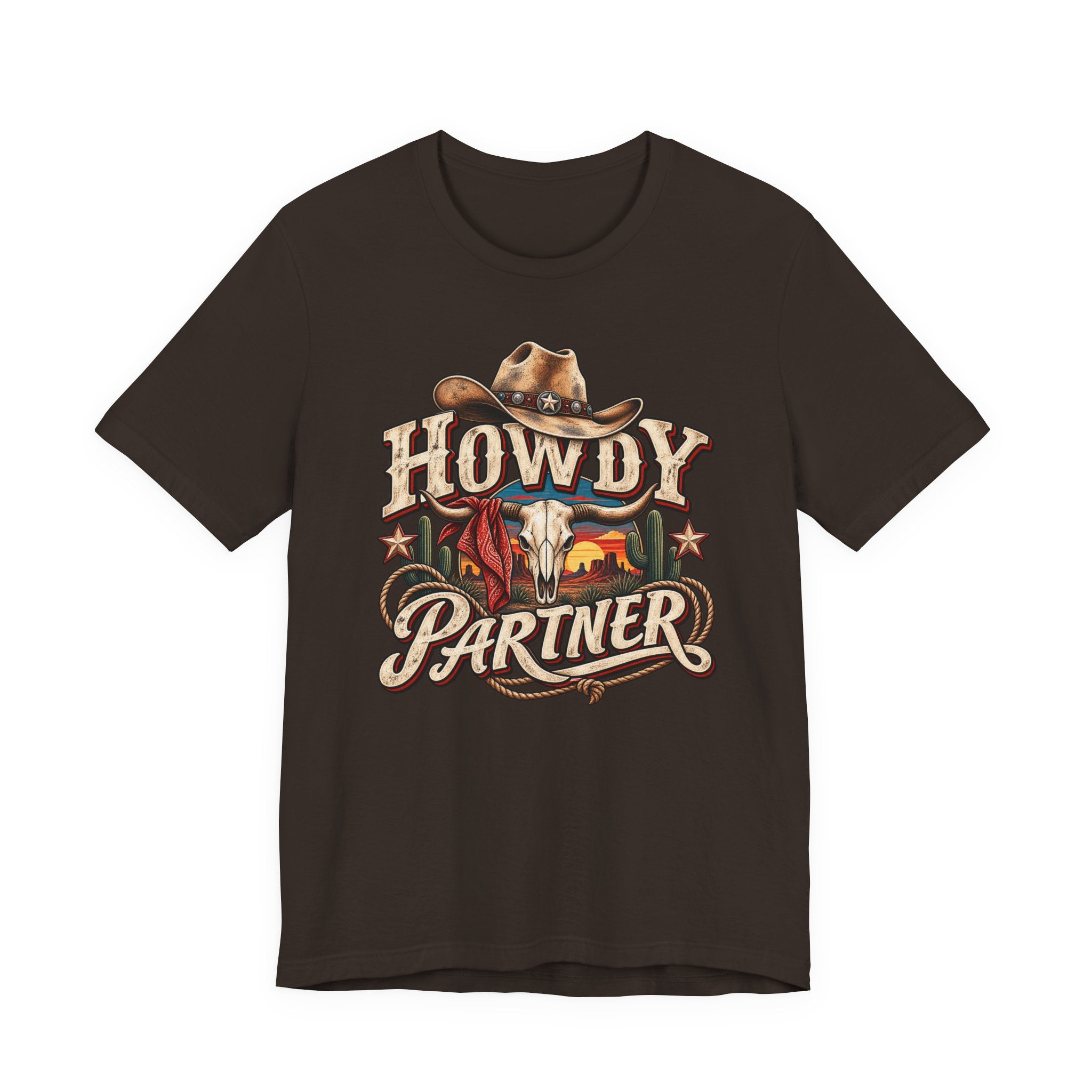 Howdy Partner Cowboy T‑Shirt - Western Skull & Sunset Graphic Tee