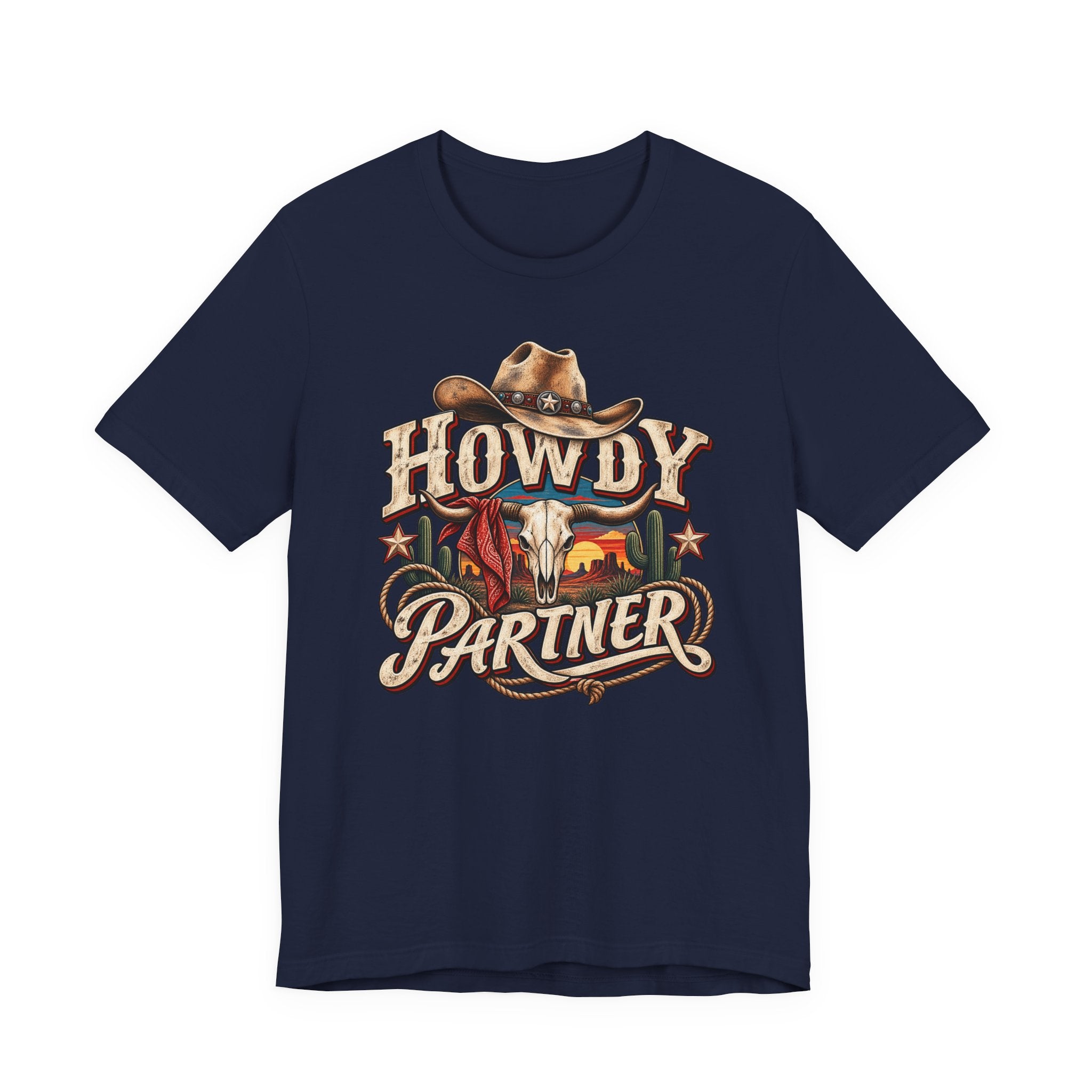 Howdy Partner Cowboy T‑Shirt - Western Skull & Sunset Graphic Tee