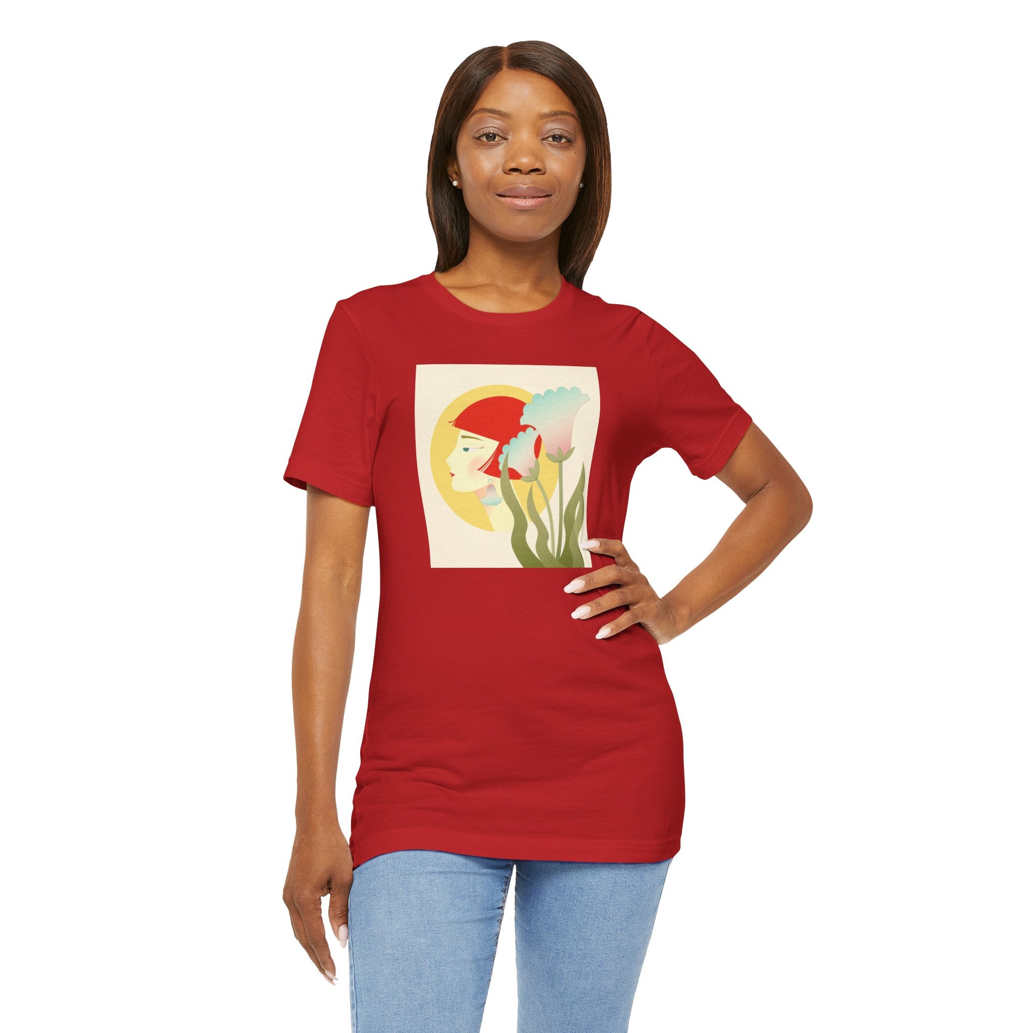Floral Maiden Graphic Tee — Retro Woman & Tulips Art Shirt