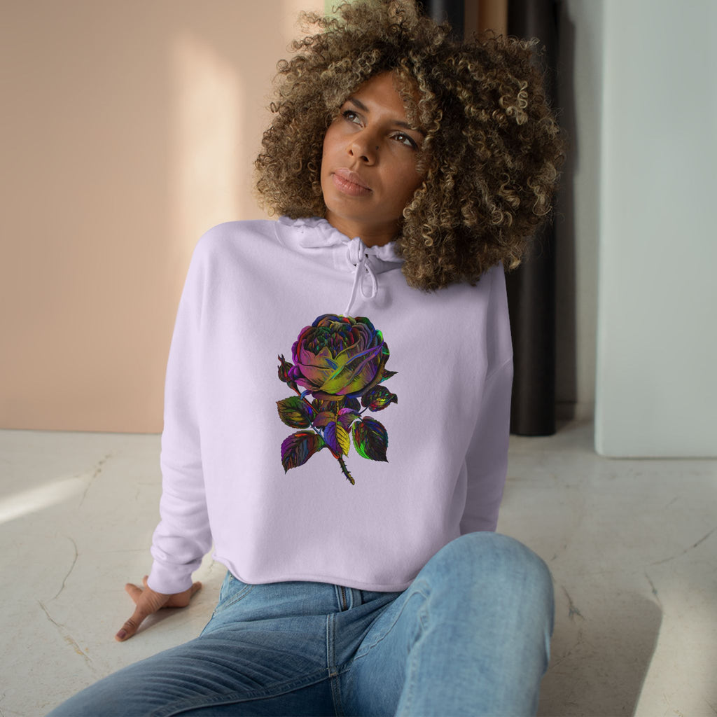 Iridescent Rose Crop Hoodie — Holographic Floral Graphic Cropped Sweatshirt