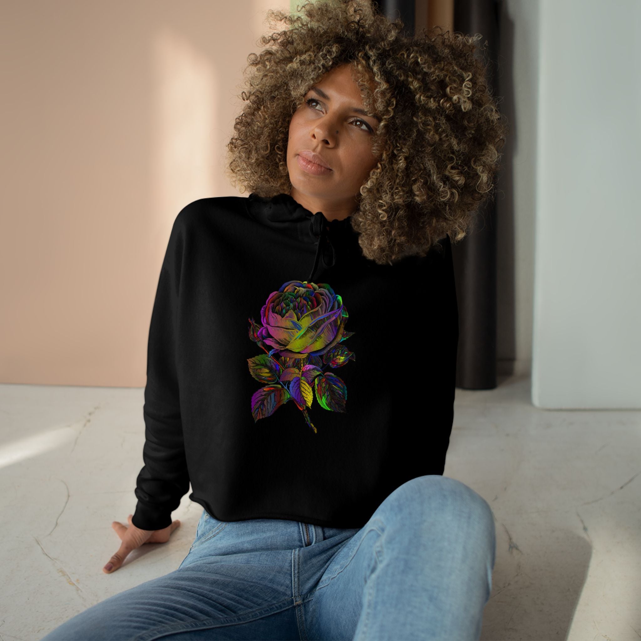 Iridescent Rose Crop Hoodie — Holographic Floral Graphic Cropped Sweatshirt
