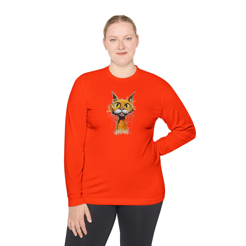 Whimsical Watercolor Cat Long Sleeve Tee — Cute Orange Kitty Art Shirt