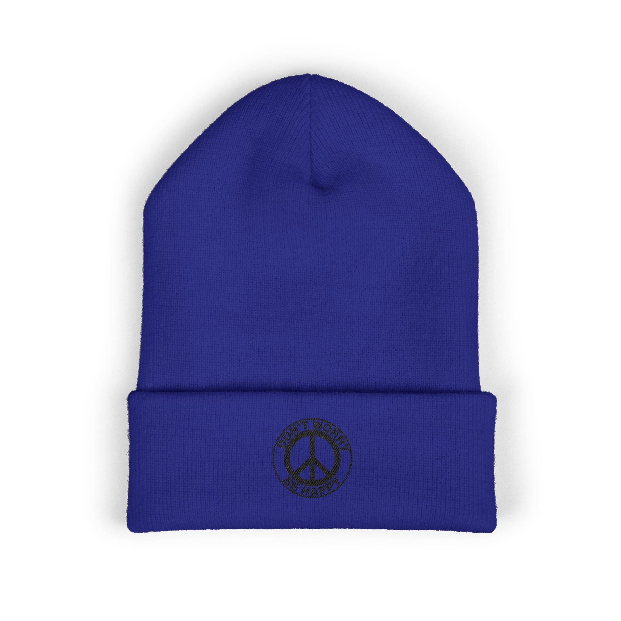 Peace Sign Cuffed Beanie — "Don't Worry Be Happy" Embroidered Knit Hat