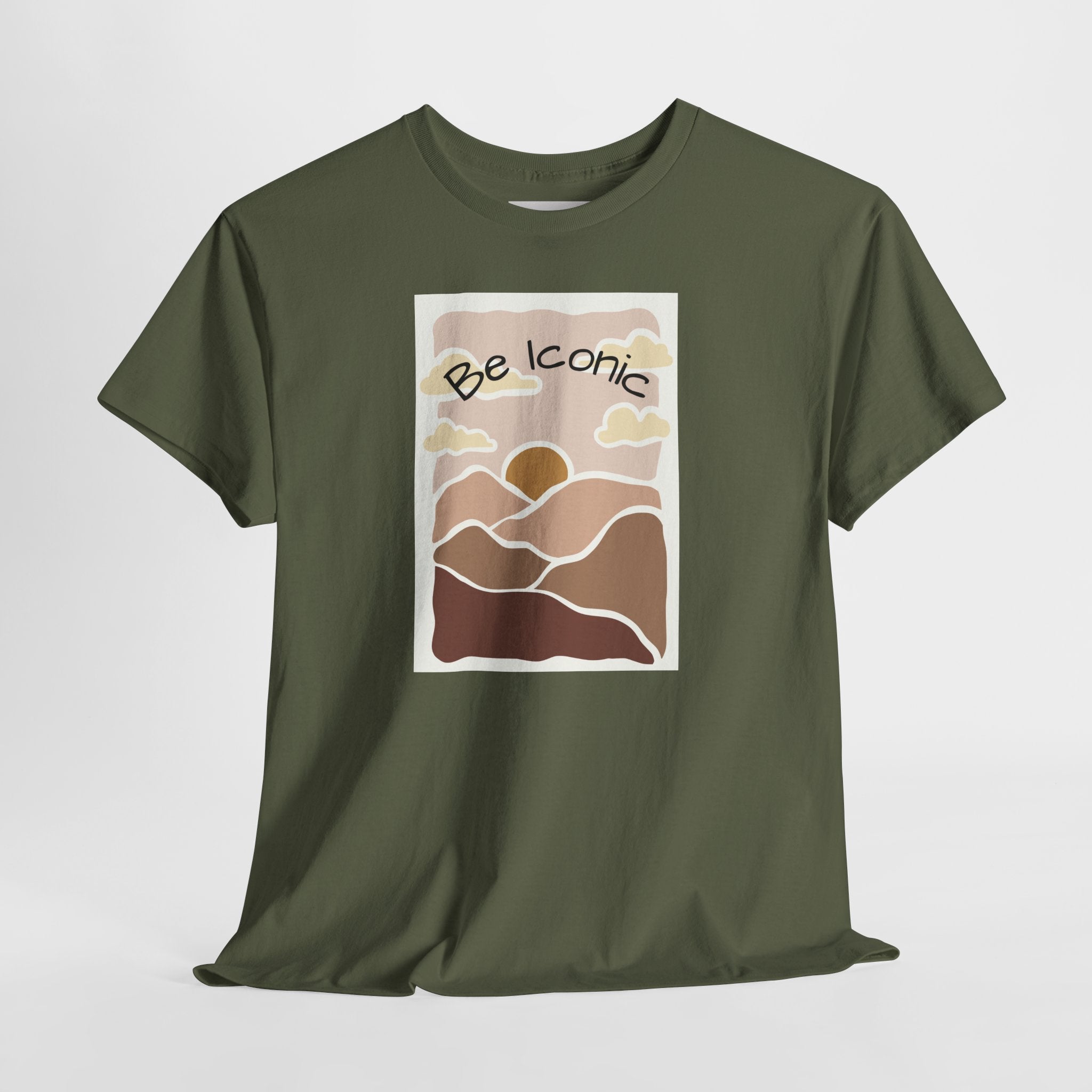Be Iconic Tee — Retro Sunset Mountain Graphic T‑Shirt