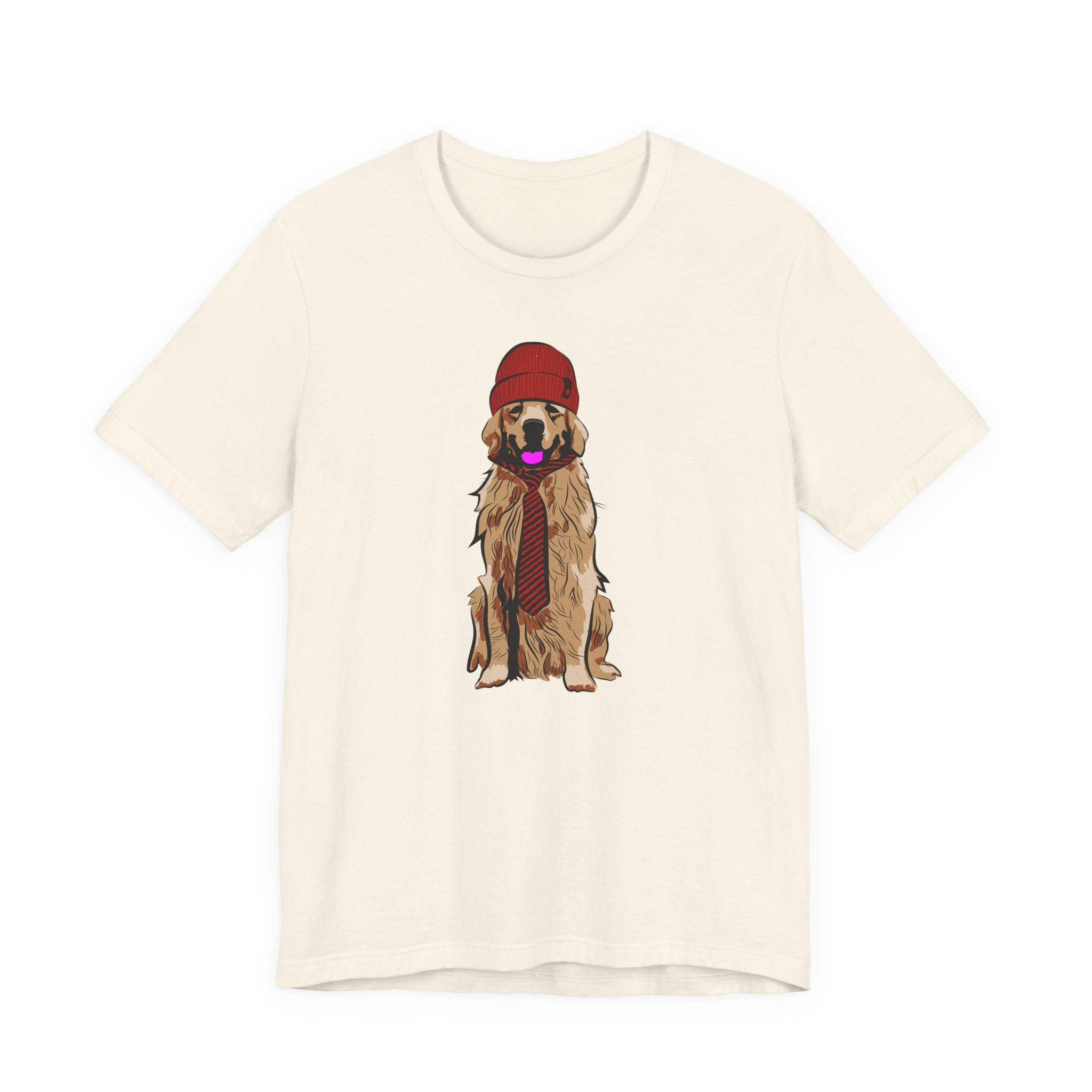 Golden Retriever Graphic Tee — Dog Wearing Beanie & Tie