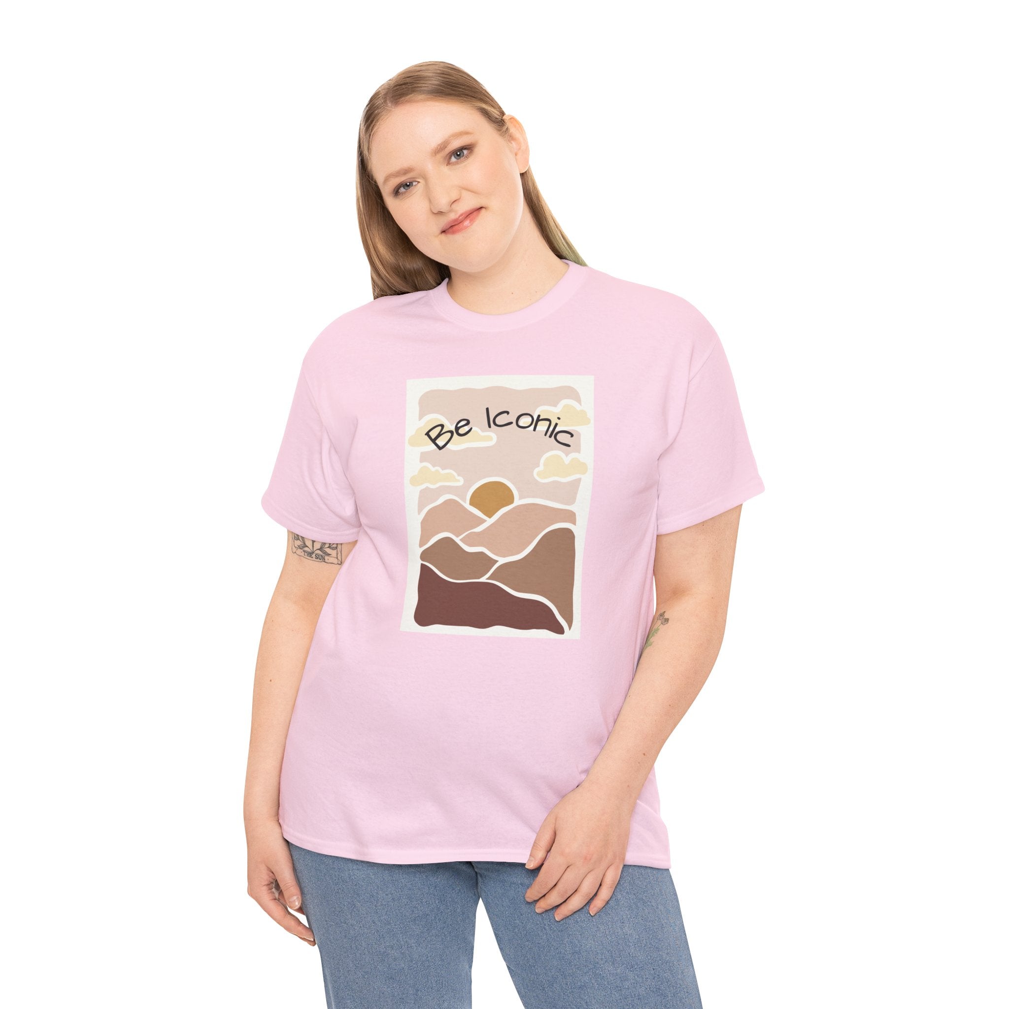Be Iconic Tee — Retro Sunset Mountain Graphic T‑Shirt