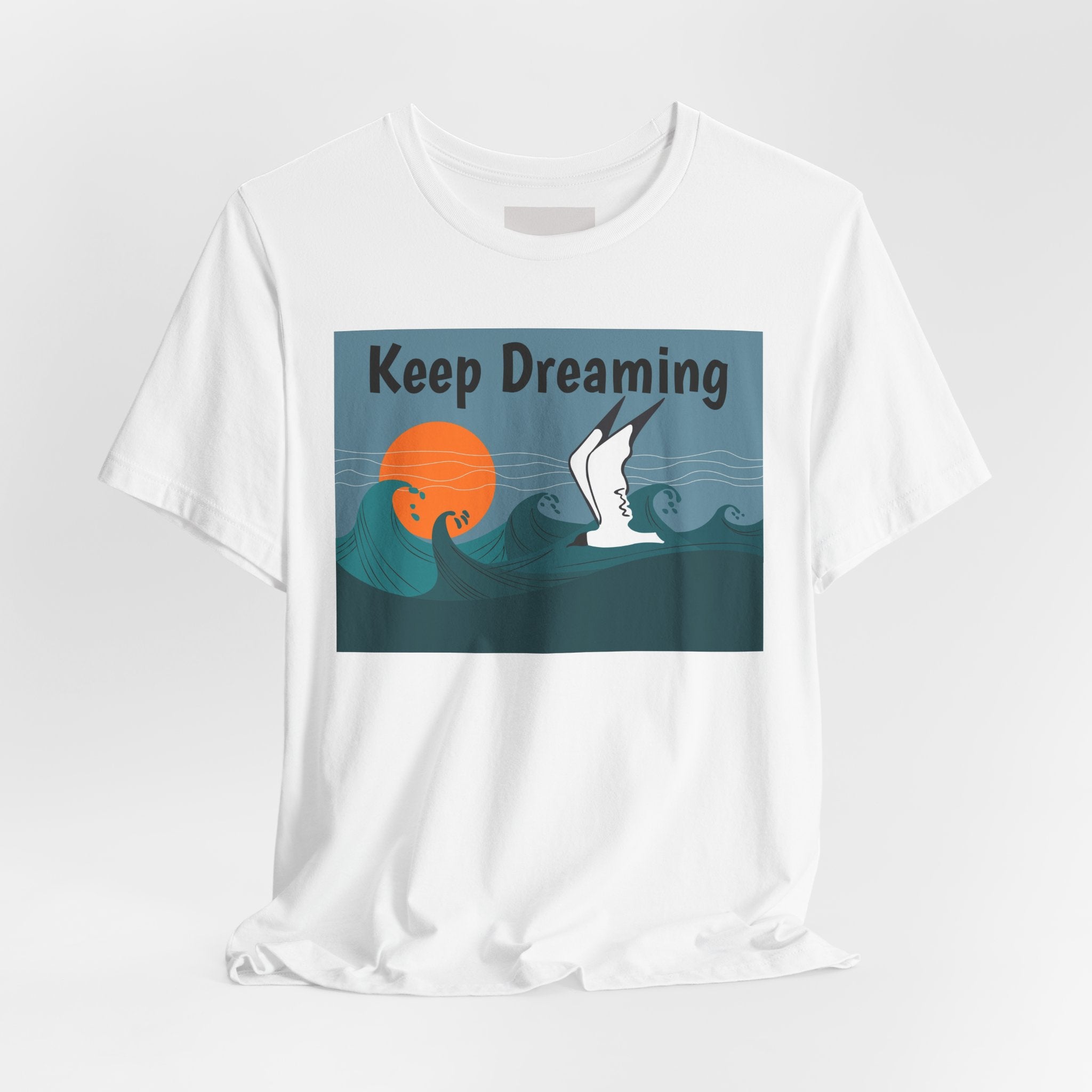 Keep Dreaming Seagull T-Shirt — Sunset Ocean Waves Graphic Tee