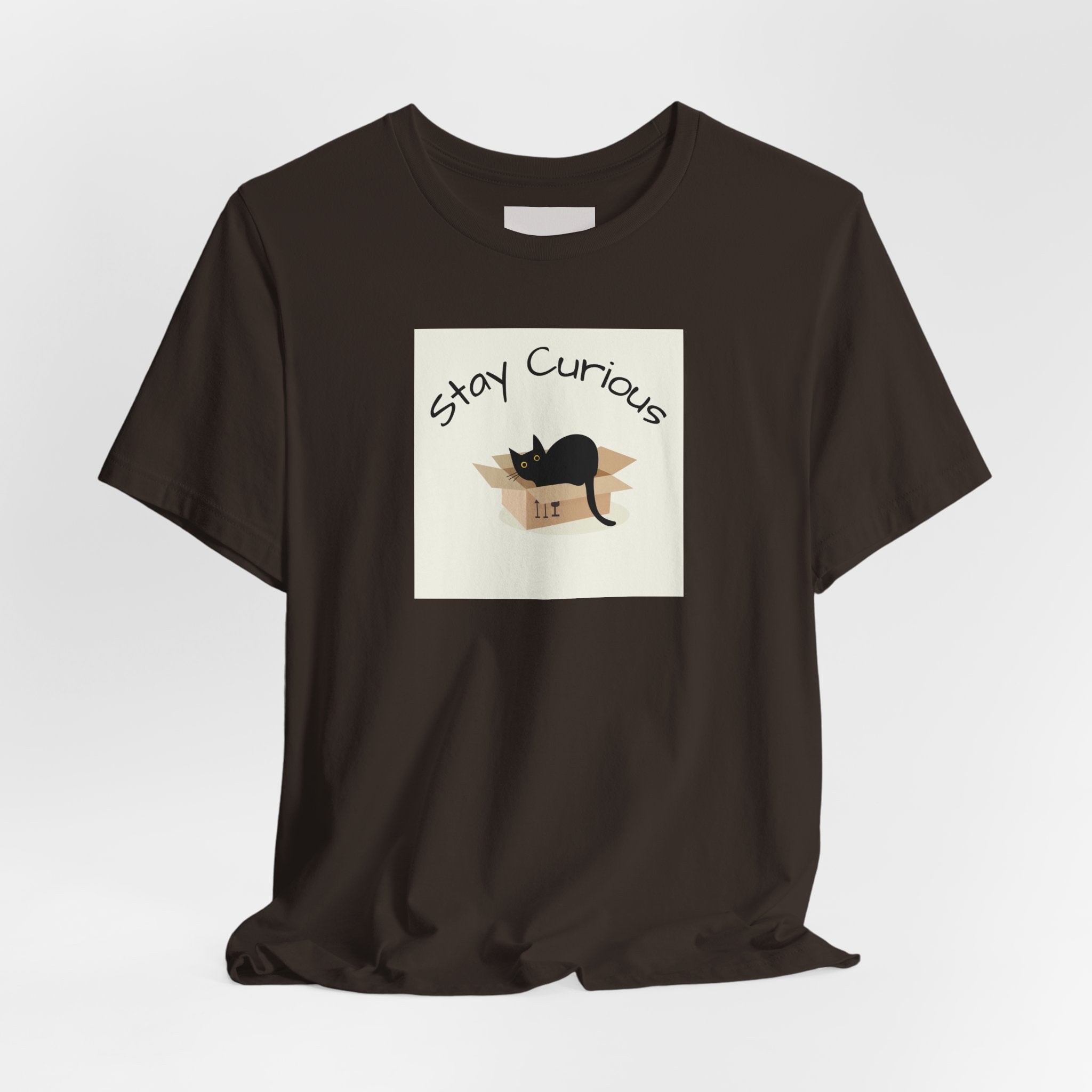 Stay Curious Cat T-Shirt — Cute Black Cat in Box Graphic Tee