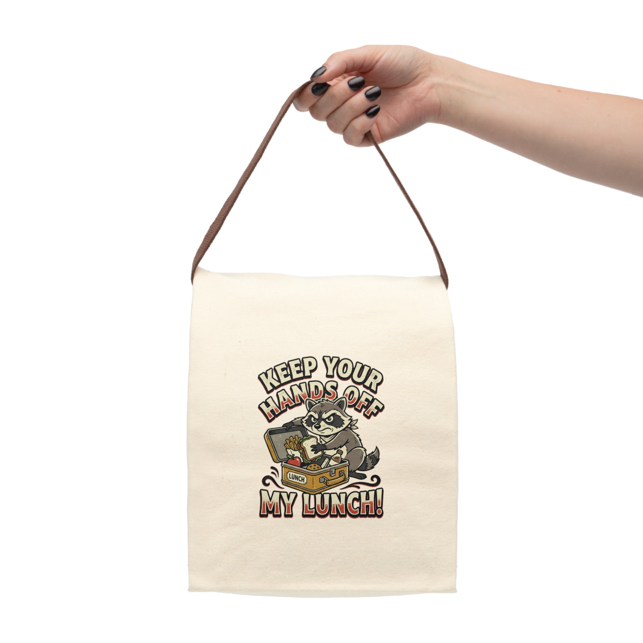 Keep Your Hands Off My Lunch! Canvas Lunch Bag with Strap | Raccoon Cartoon