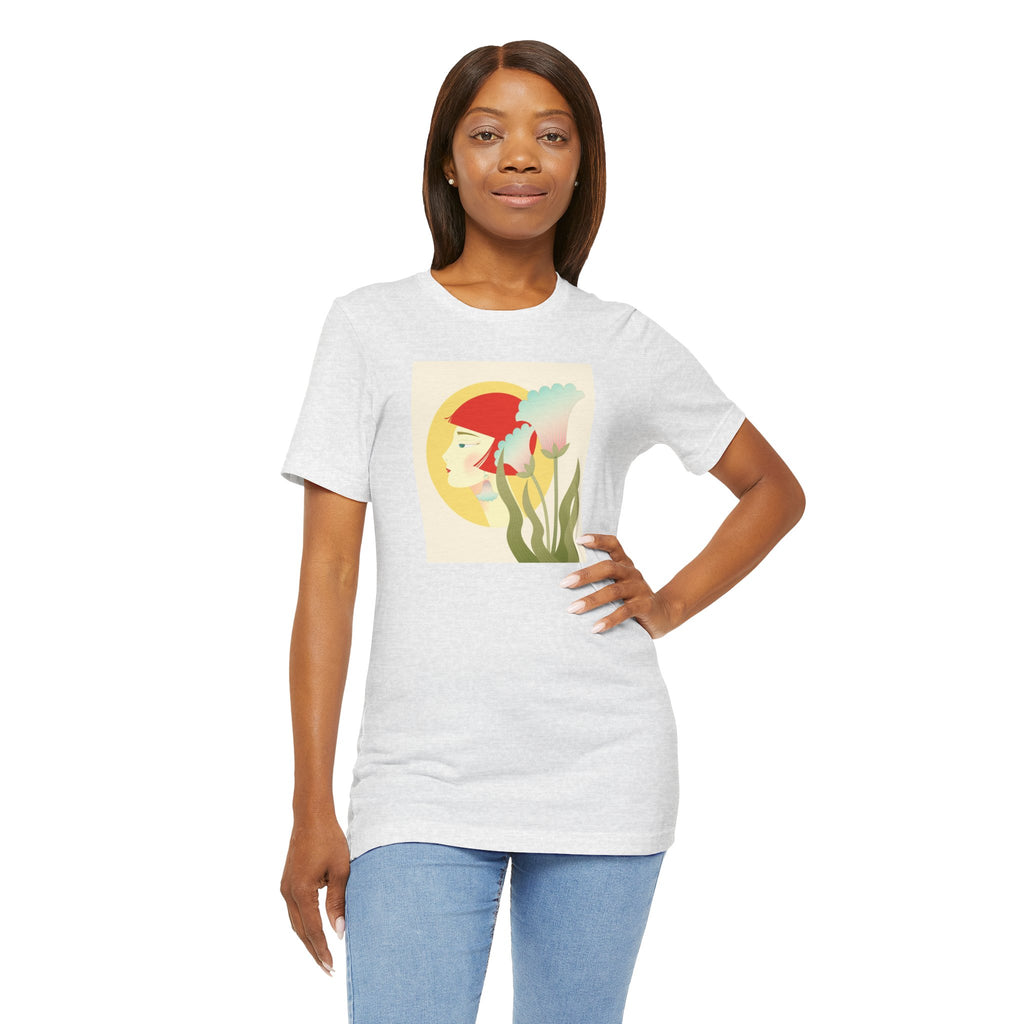Floral Maiden Graphic Tee — Retro Woman & Tulips Art Shirt