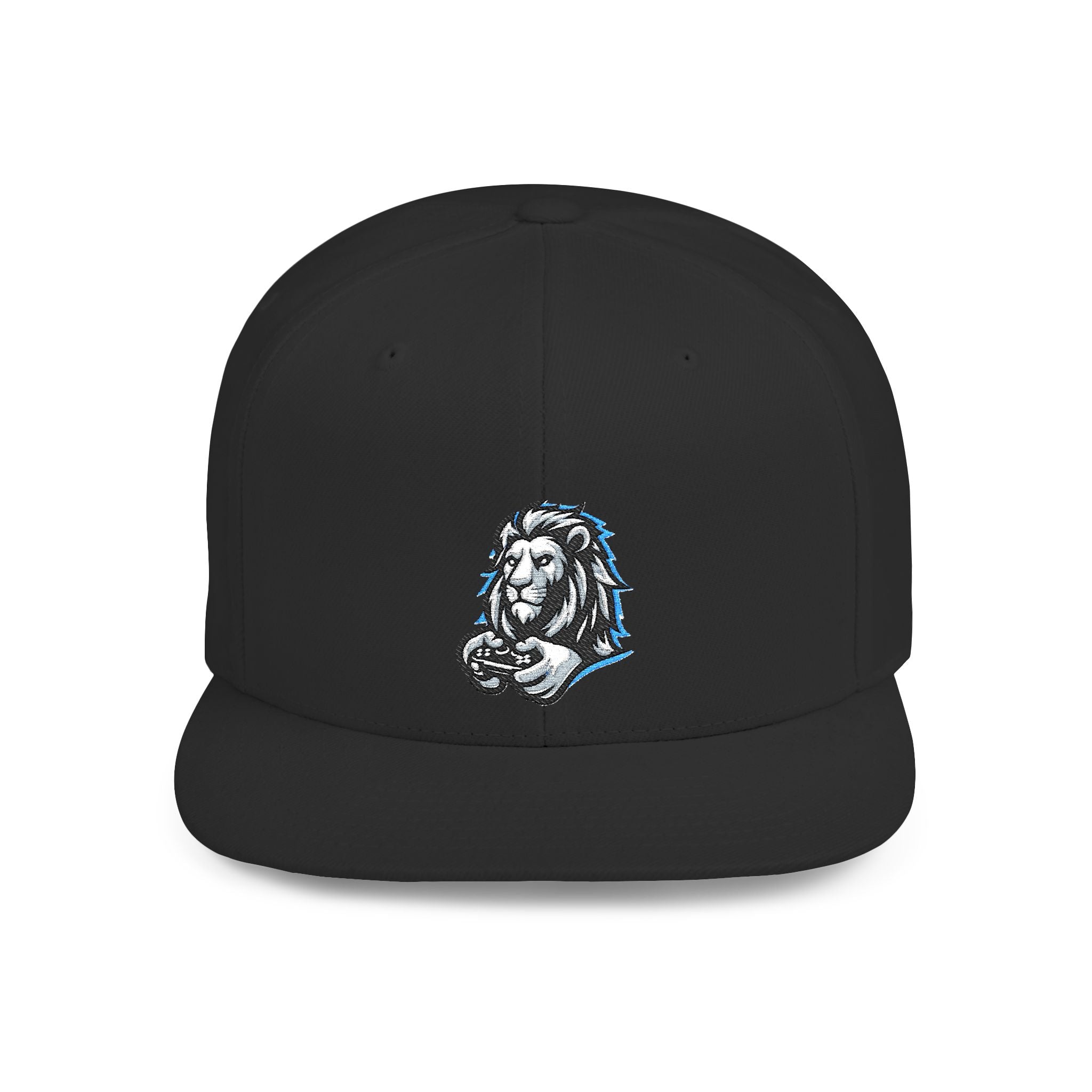 Gaming Lion Embroidered Snapback Hat — Flat Bill White Cap with Regal Lion Design