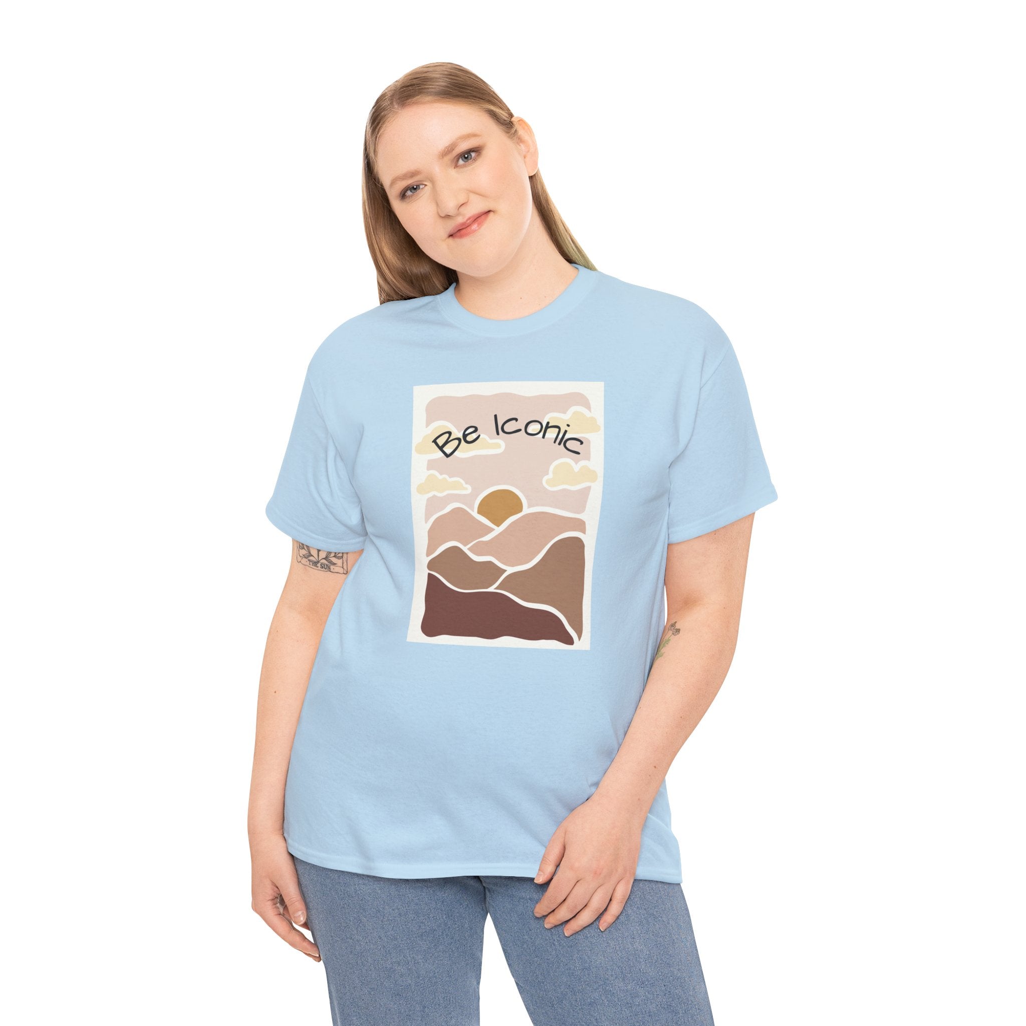 Be Iconic Tee — Retro Sunset Mountain Graphic T‑Shirt