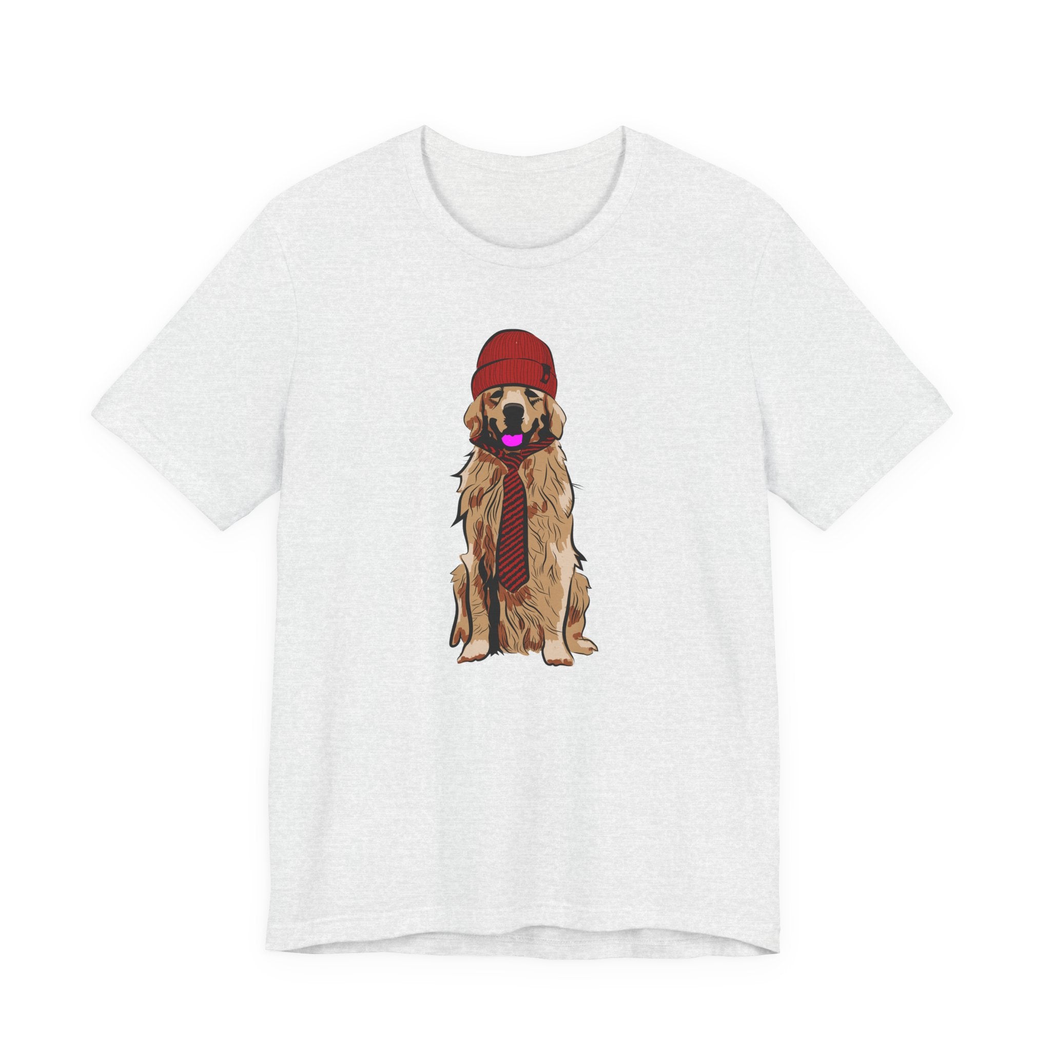 Golden Retriever Graphic Tee — Dog Wearing Beanie & Tie