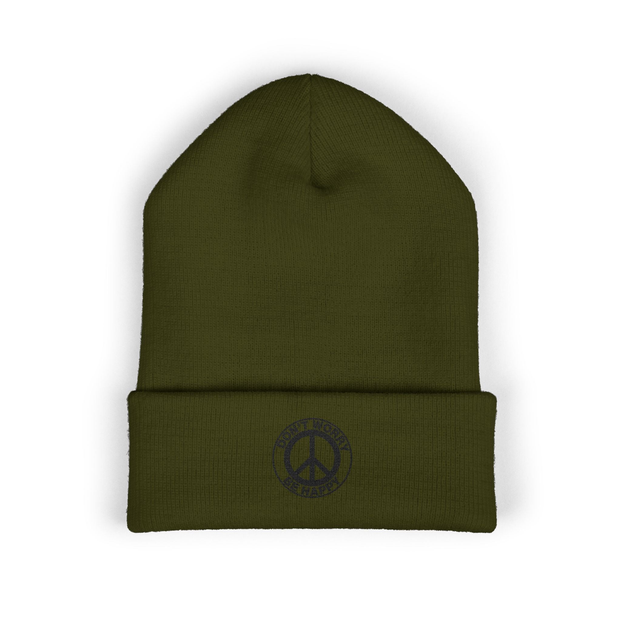 Peace Sign Cuffed Beanie — "Don't Worry Be Happy" Embroidered Knit Hat