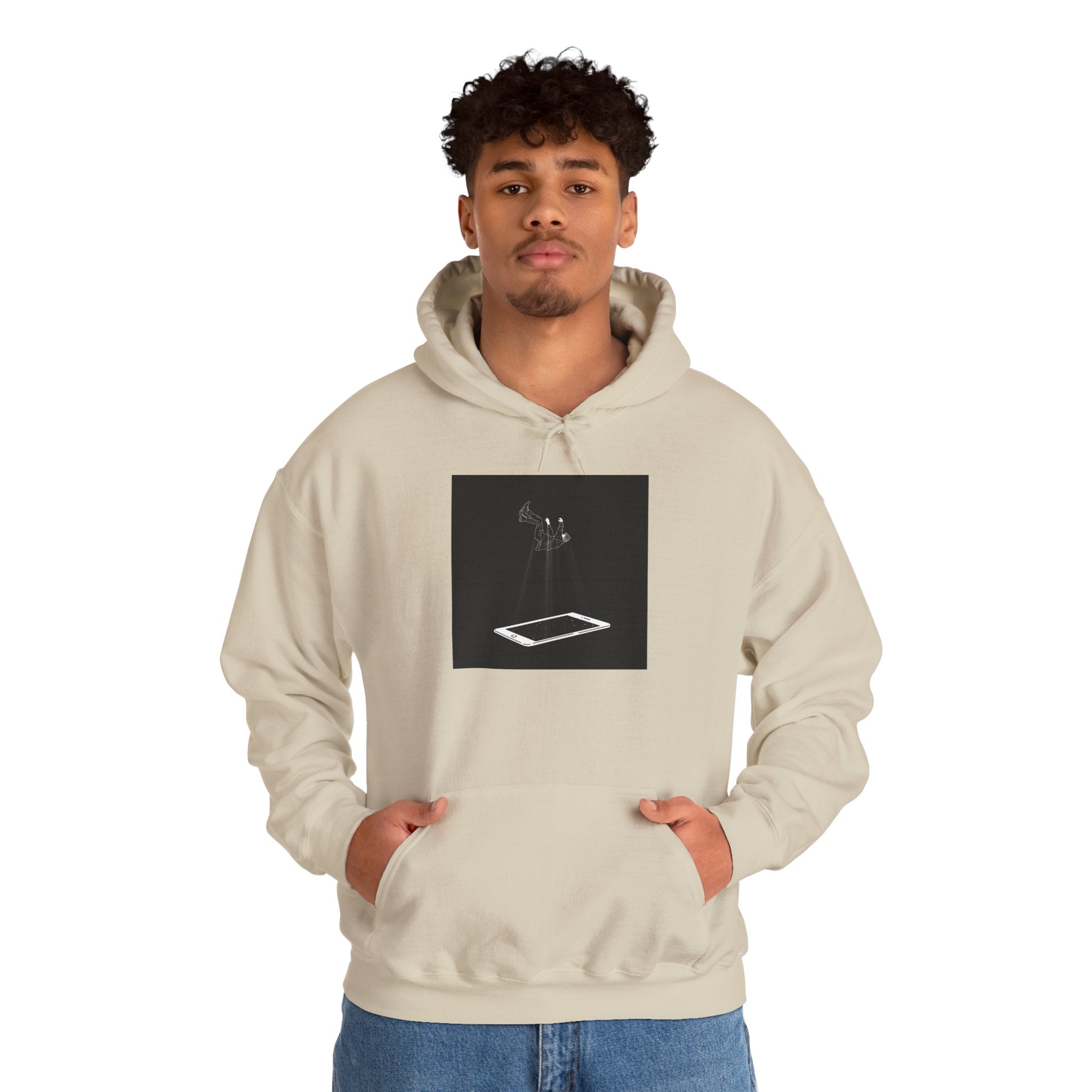 Minimalist Floating Phone Hoodie — Moody Black & White Tech Art Sweatshirt