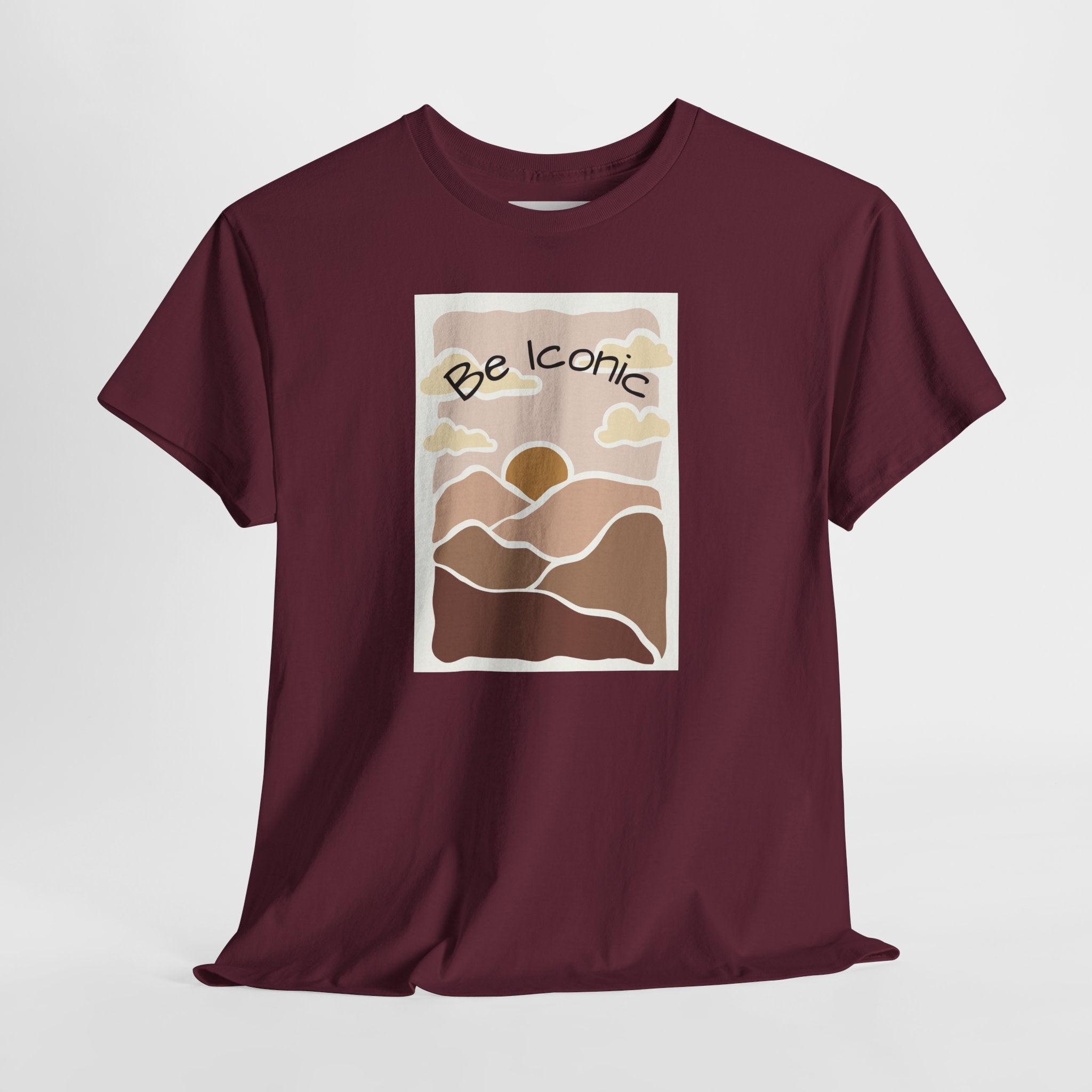Be Iconic Tee — Retro Sunset Mountain Graphic T‑Shirt