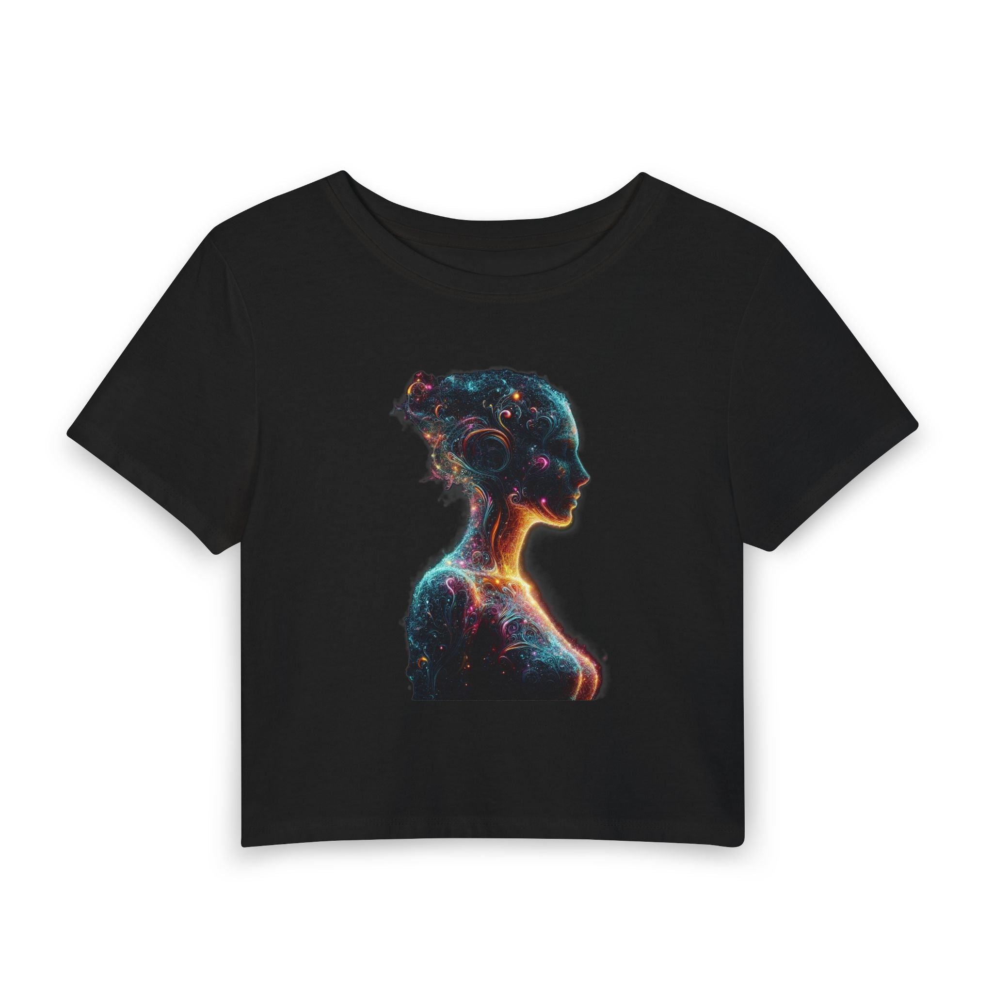 Cosmic Woman Silhouette Baby Tee — Galaxy Art Crop Top for Women