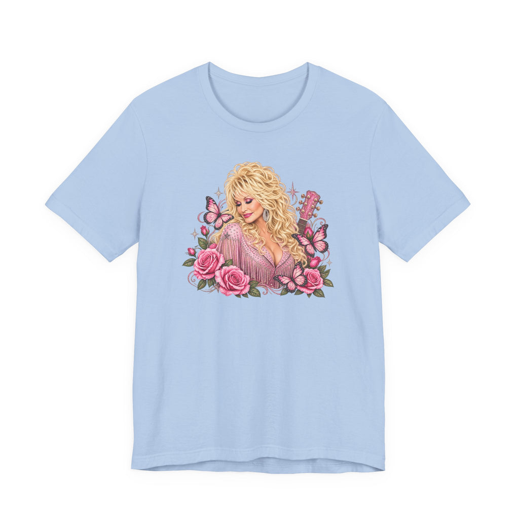 Dolly-inspired Floral Portrait T-Shirt — Pink Roses & Guitar Graphic Tee