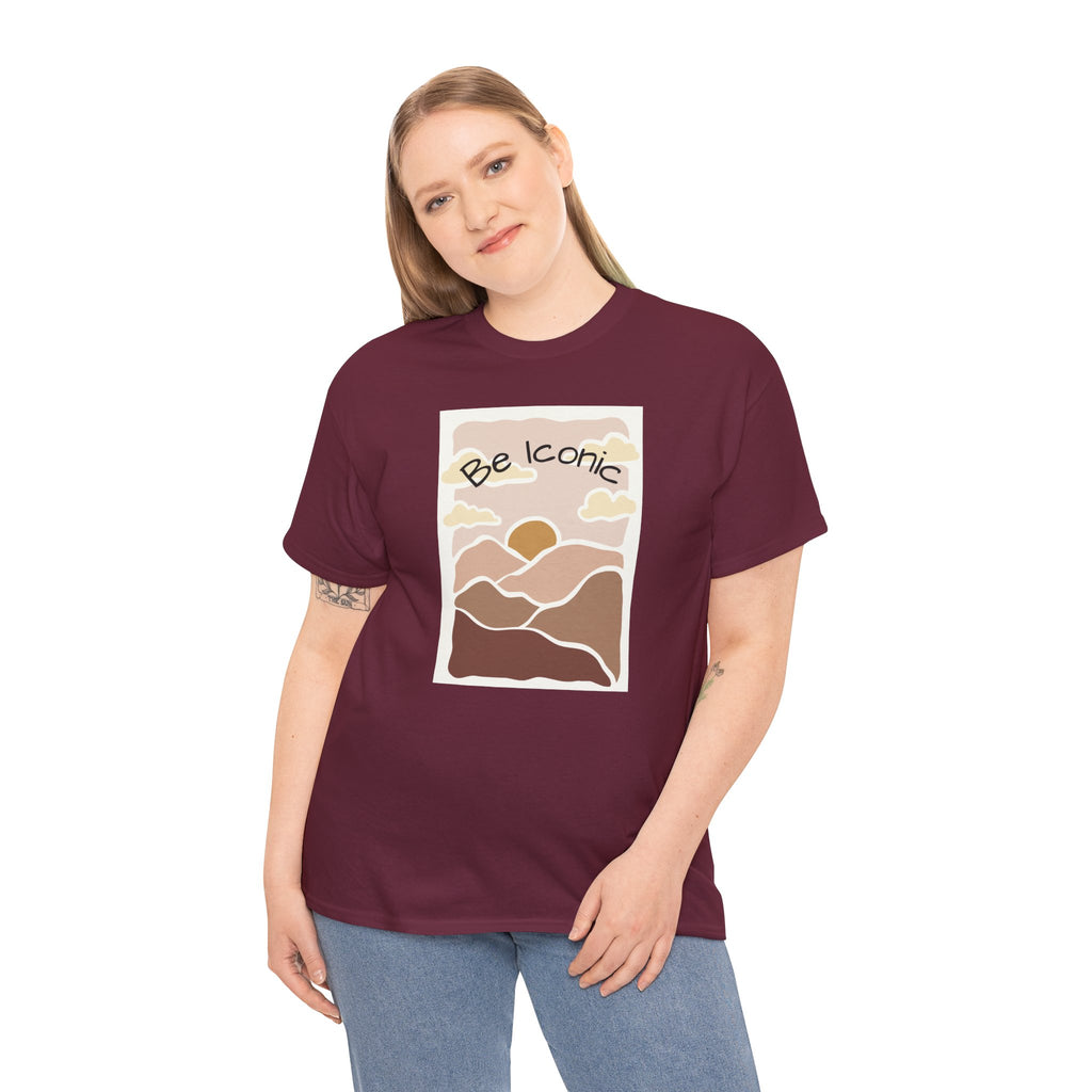 Be Iconic Tee — Retro Sunset Mountain Graphic T‑Shirt