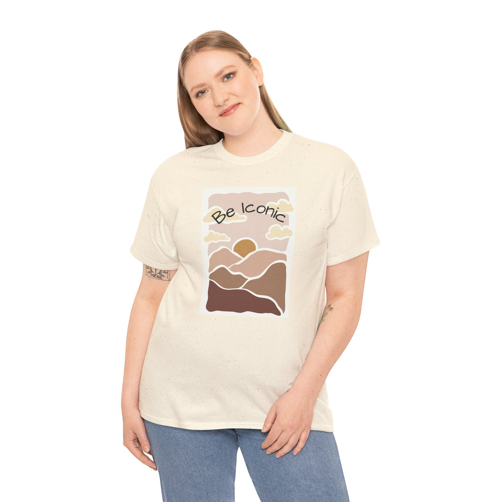 Be Iconic Tee — Retro Sunset Mountain Graphic T‑Shirt