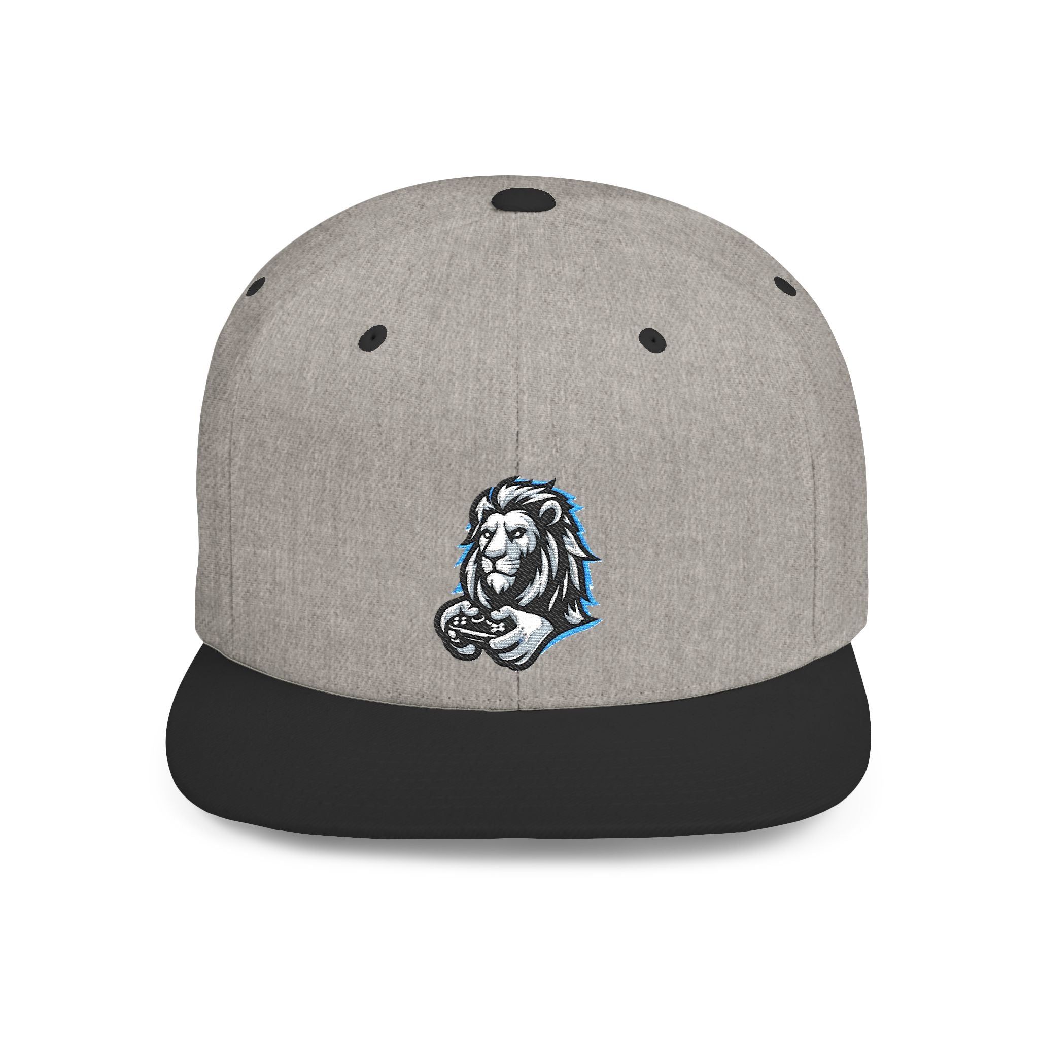 Gaming Lion Embroidered Snapback Hat — Flat Bill White Cap with Regal Lion Design