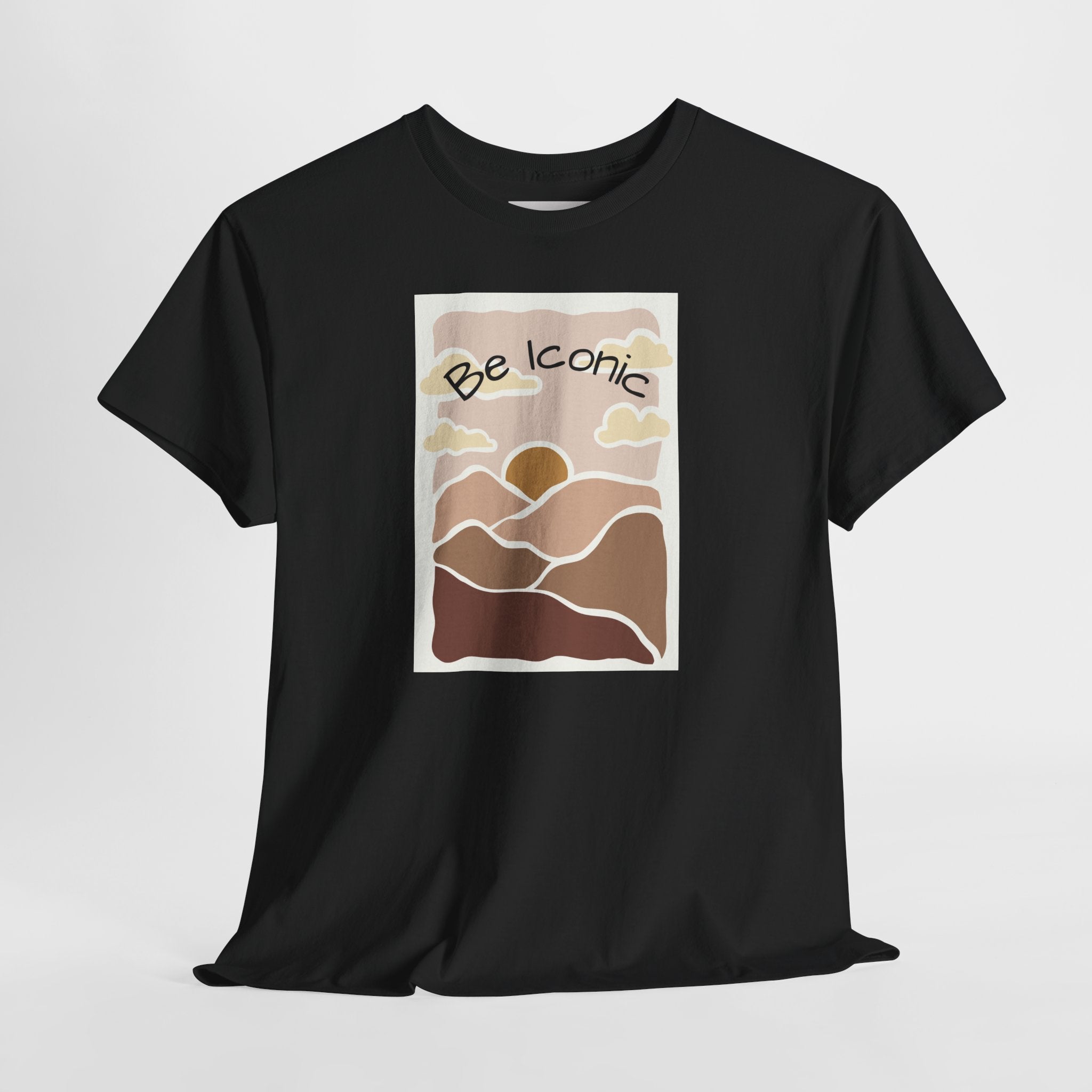 Be Iconic Tee — Retro Sunset Mountain Graphic T‑Shirt