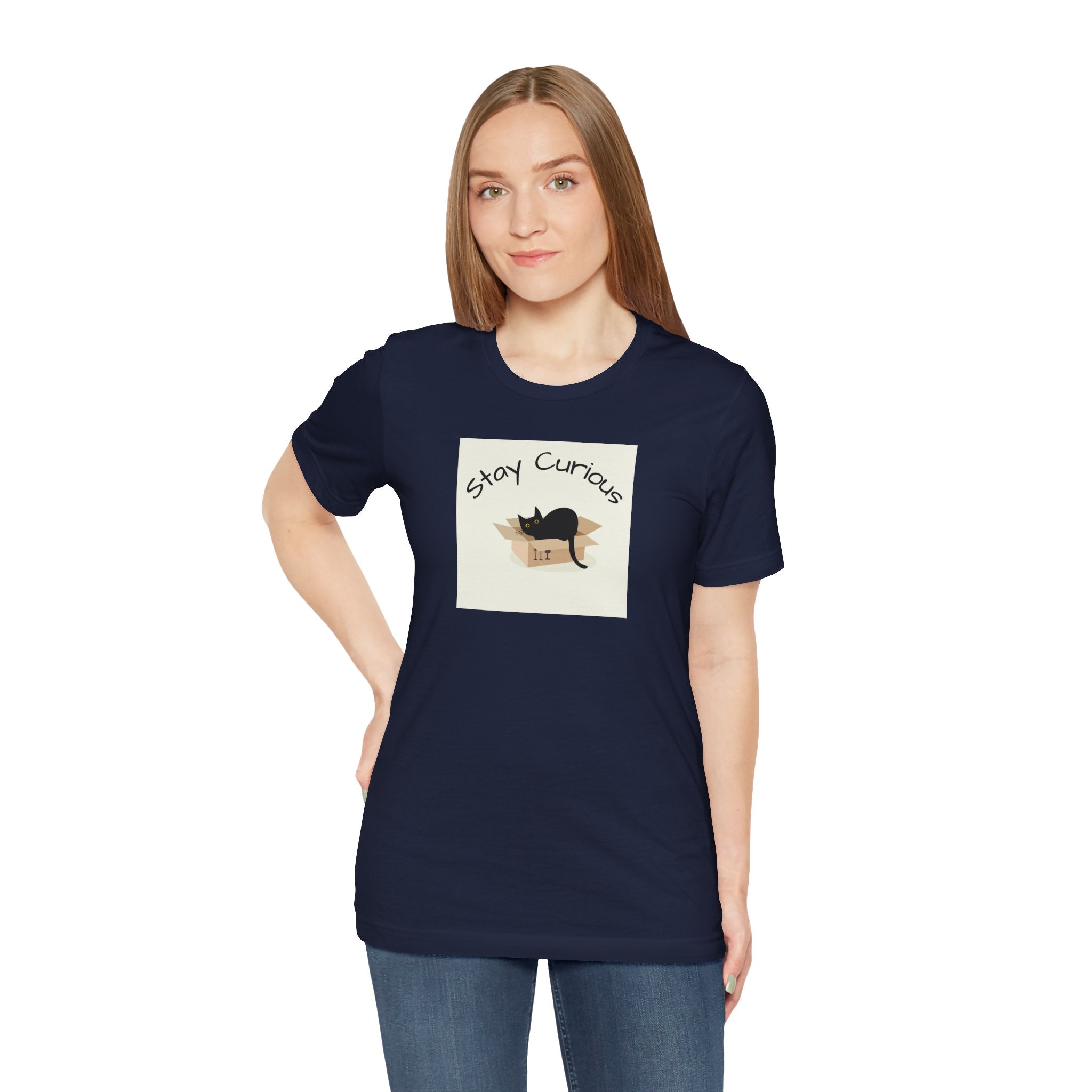 Stay Curious Cat T-Shirt — Cute Black Cat in Box Graphic Tee