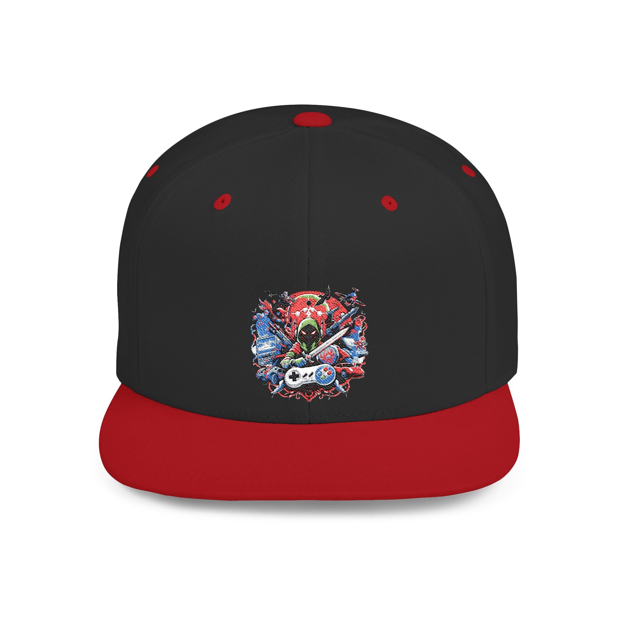 Gamer Flat Bill Snapback Hat — Watercolor Skull Design