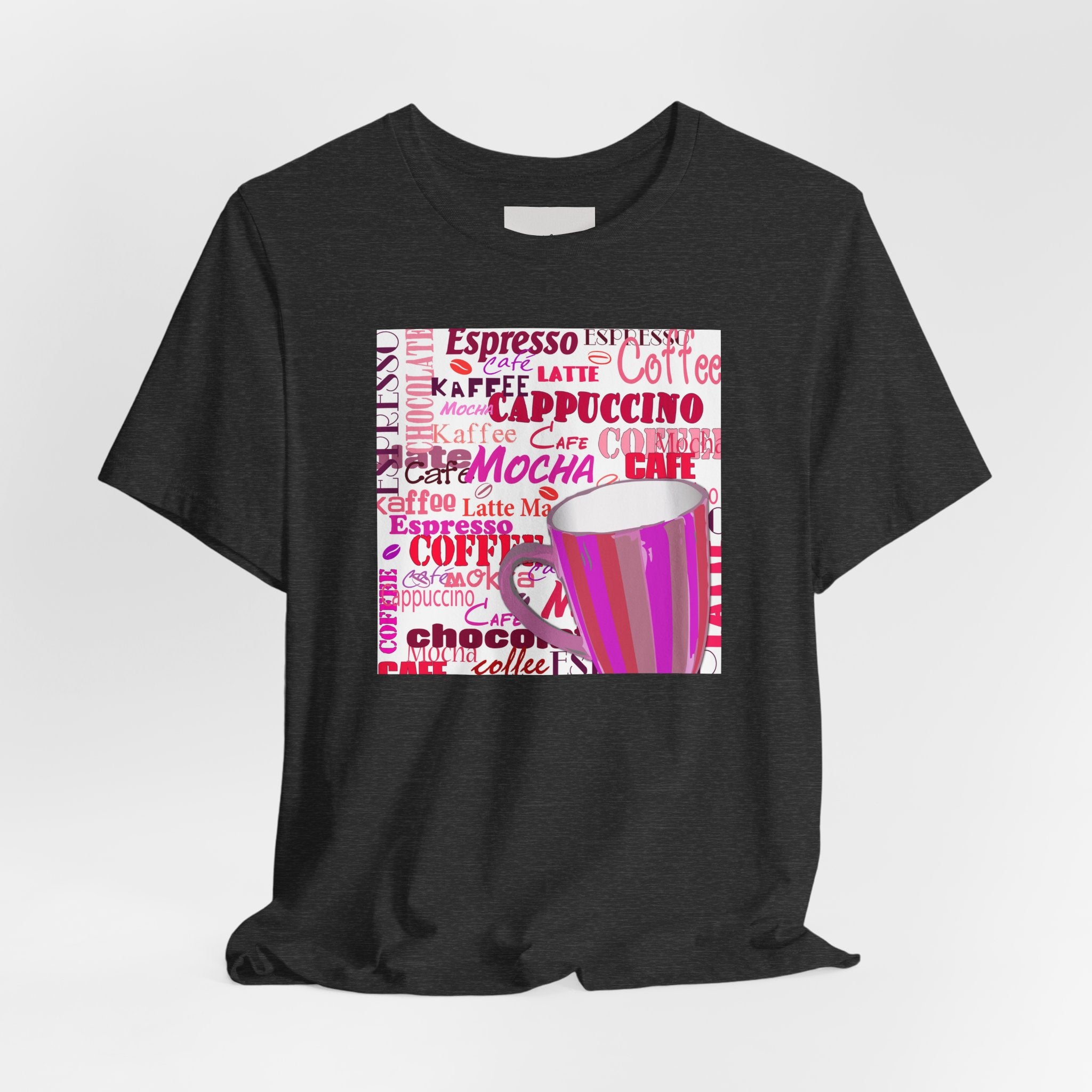 Coffee Words Graphic Tee — Pink Latte Mocha Cup Shirt