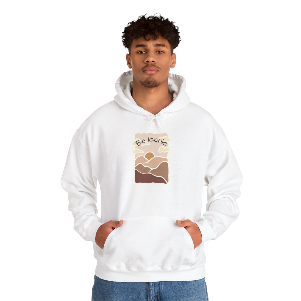 Be Iconic Hoodie — Retro Earthtone Sunset Graphic Hooded Sweatshirt